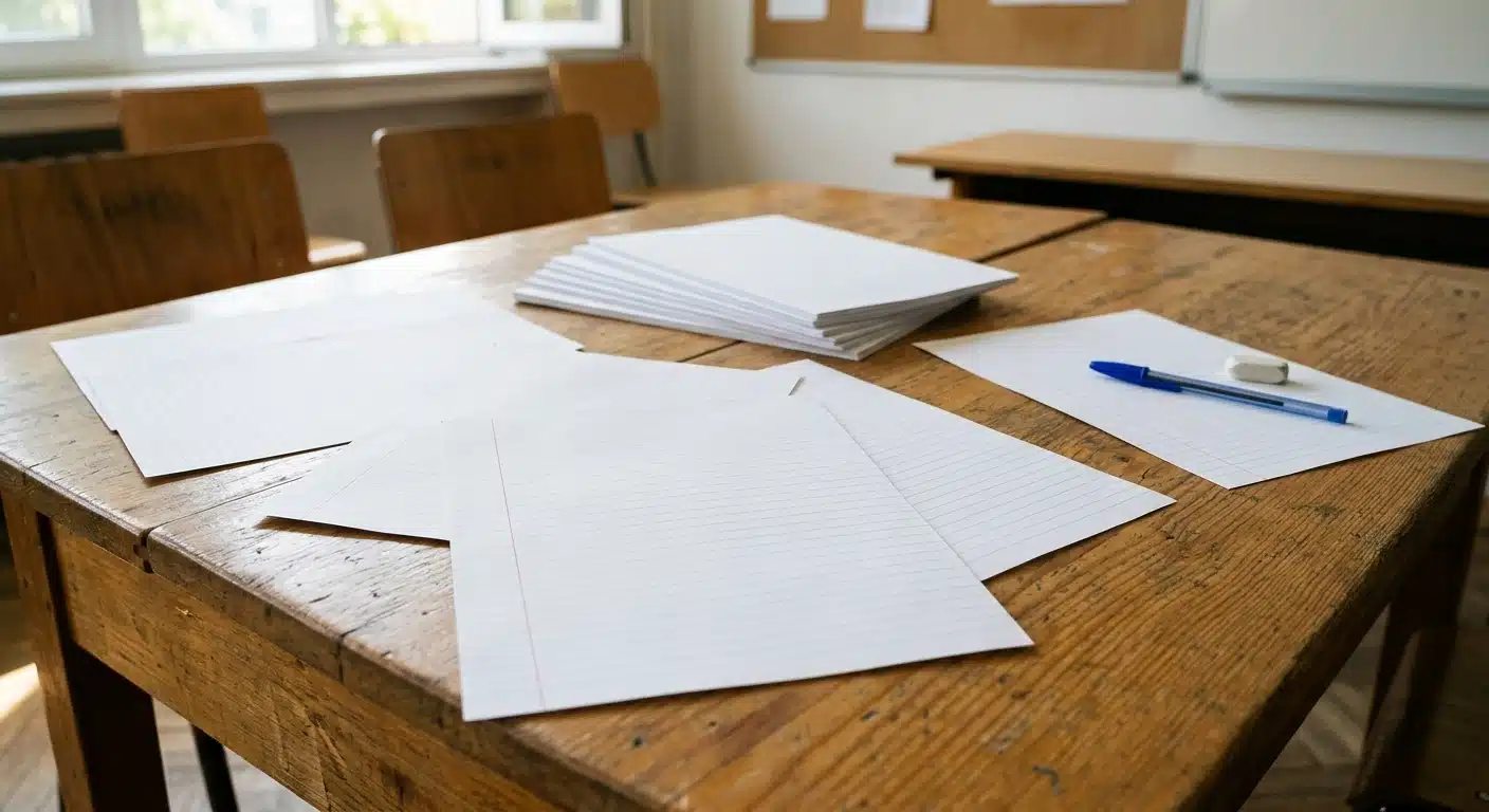 Close-up of blank and lined papers, a blue pen, and an eraser resting on a worn, wooden school desk in a classroom setting