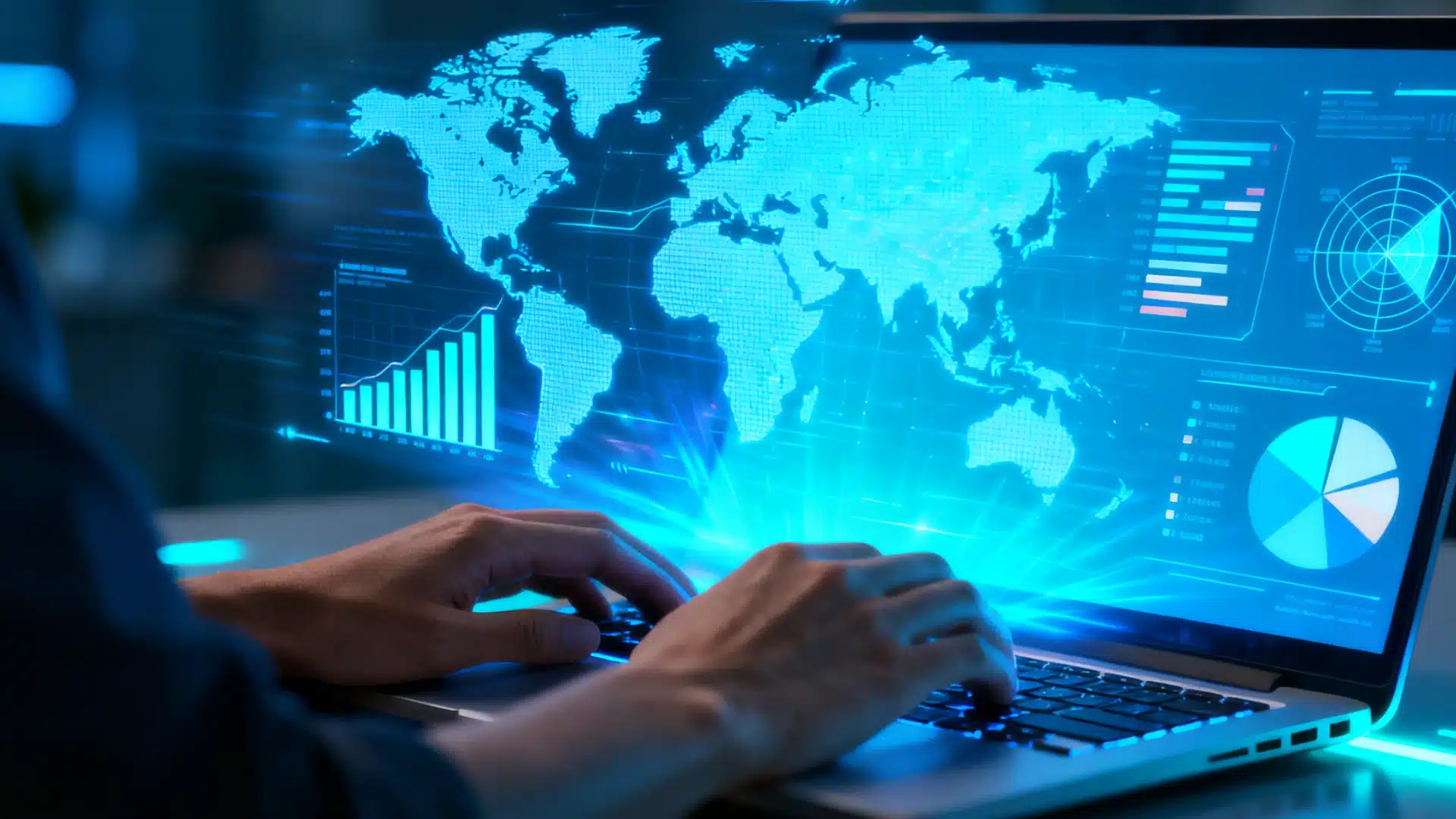 Hands typing on a laptop with a blue holographic world map and charts showing a digital shift in AI
