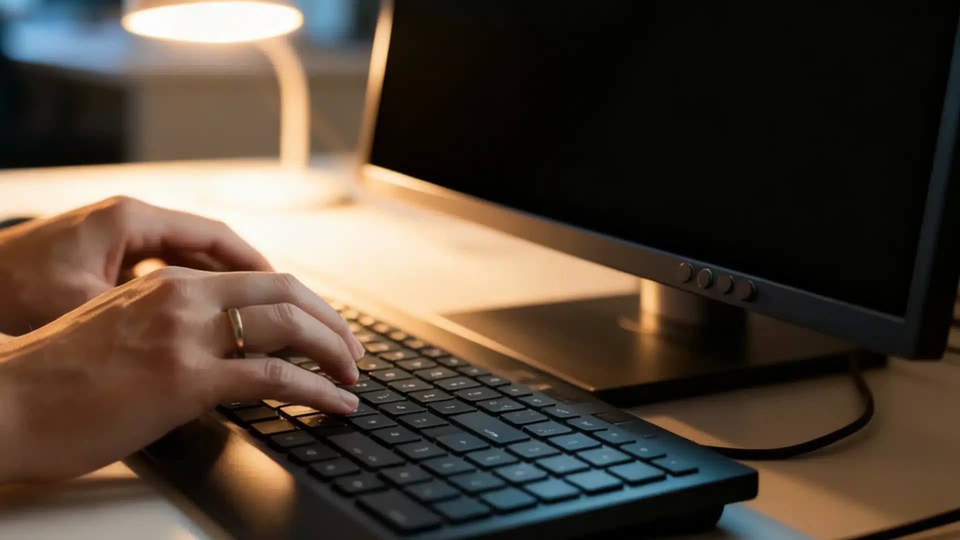 Hands with a wedding ring type on a black keyboard next to a dark computer monitor lit by a warm desk lamp