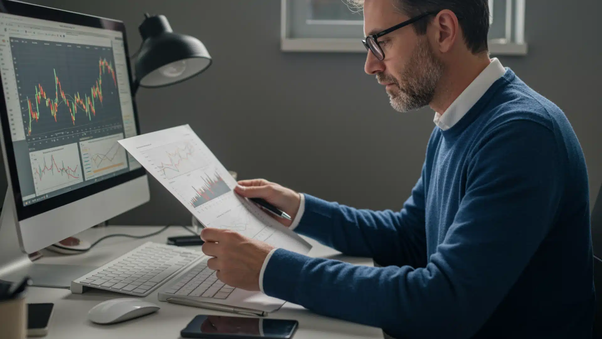 Man in glasses reviews paper charts and a monitor showing stock trends as he reads Is 30 Too Late for Data Science Honest