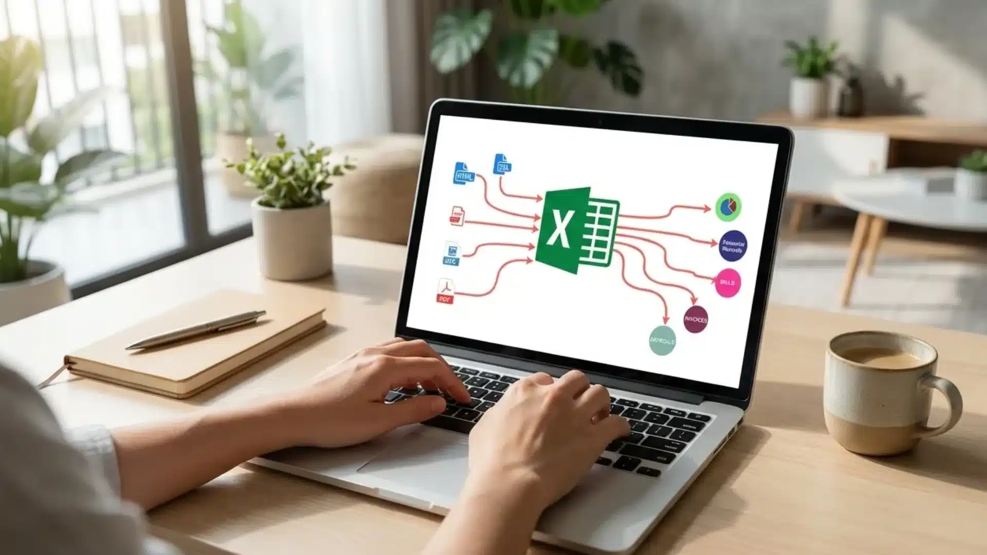 Person typing on laptop showing Excel logo receiving various file types and outputting charts and reports