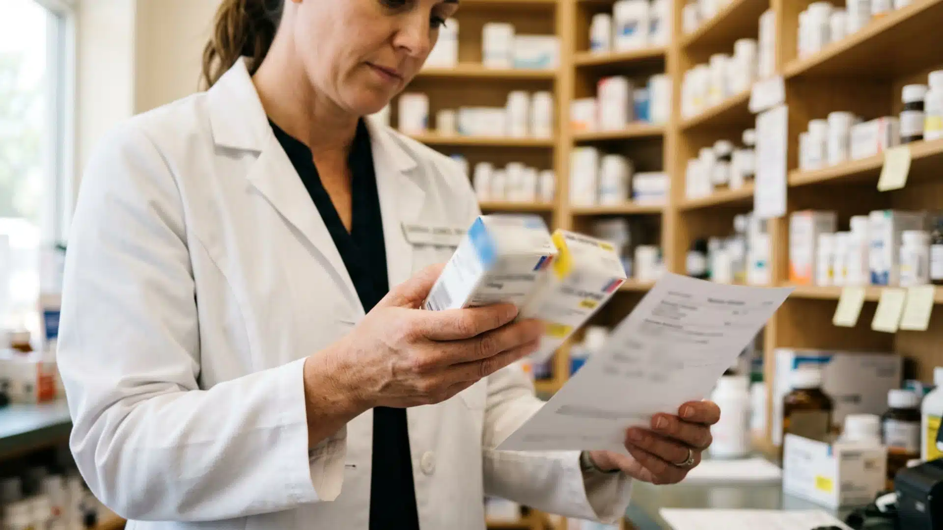 Pharmacist in a white lab coat reviews medication boxes and a prescription while standing in front of stocked wooden pharmacy shelves