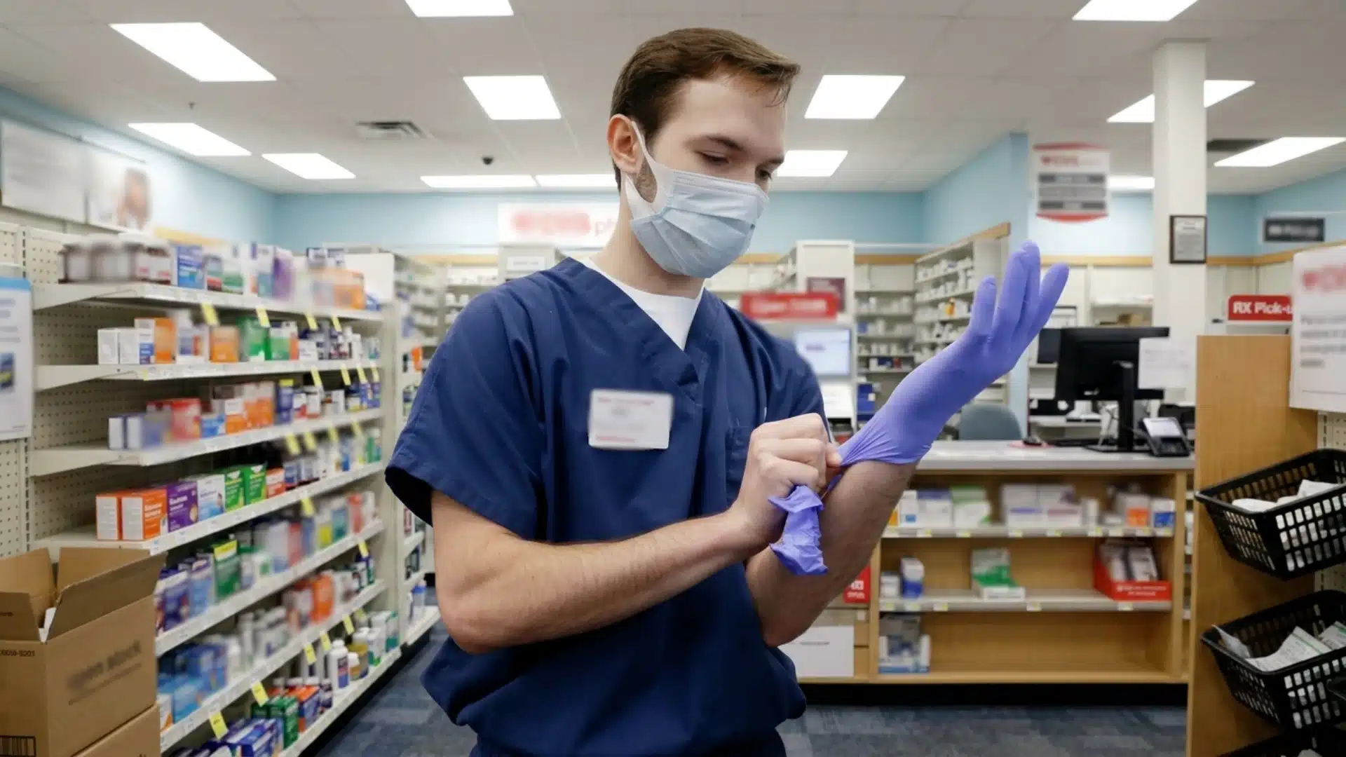 Pharmacy technician in blue scrubs and a face mask putting on a glove inside a brightly lit retail pharmacy setting