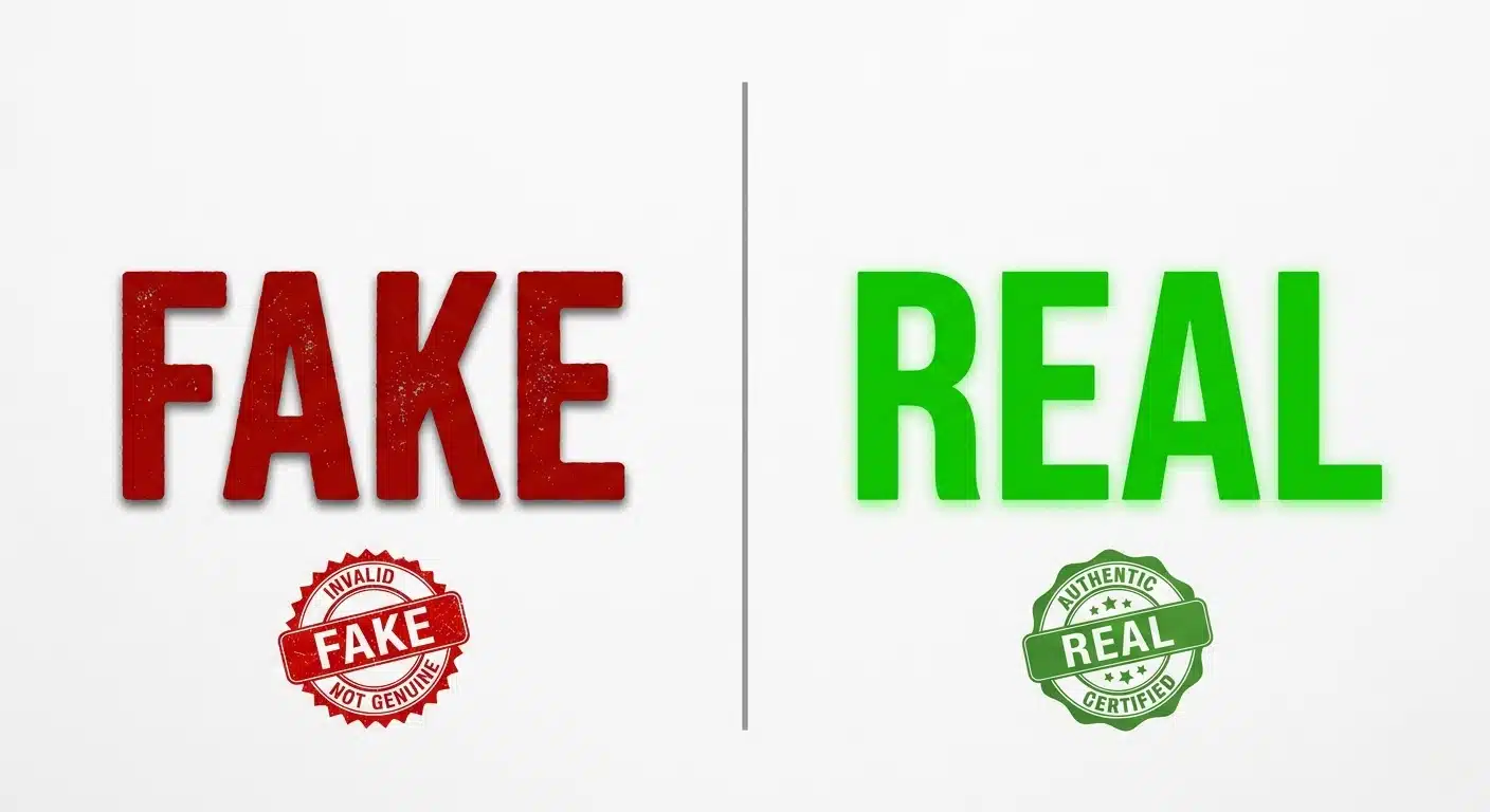 The words FAKE in red, with a fake stamp, and REAL in green, with a certified stamp, are displayed side-by-side against a white background
