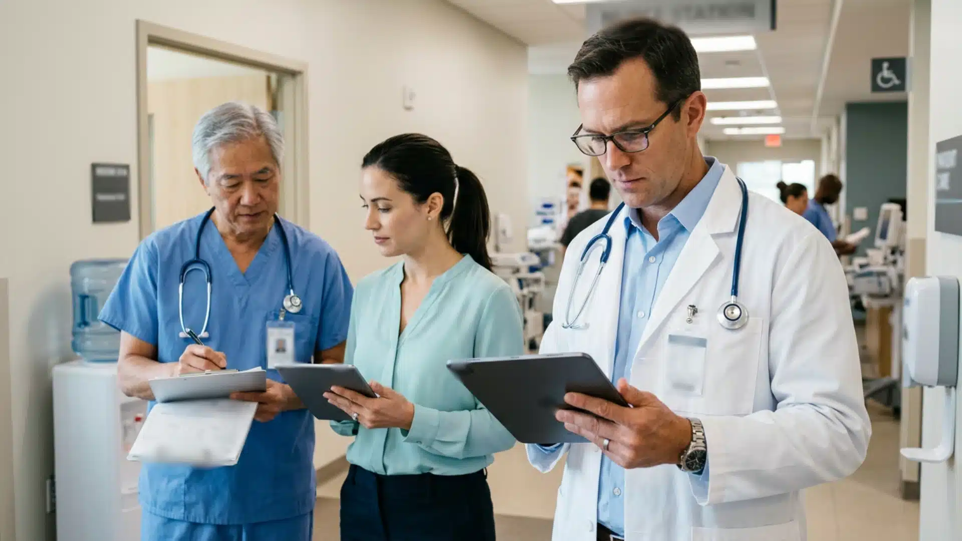 Three medical professionals, including a doctor in a white coat and two others in business casual attire, review documents in a brightly lit hospital hallway