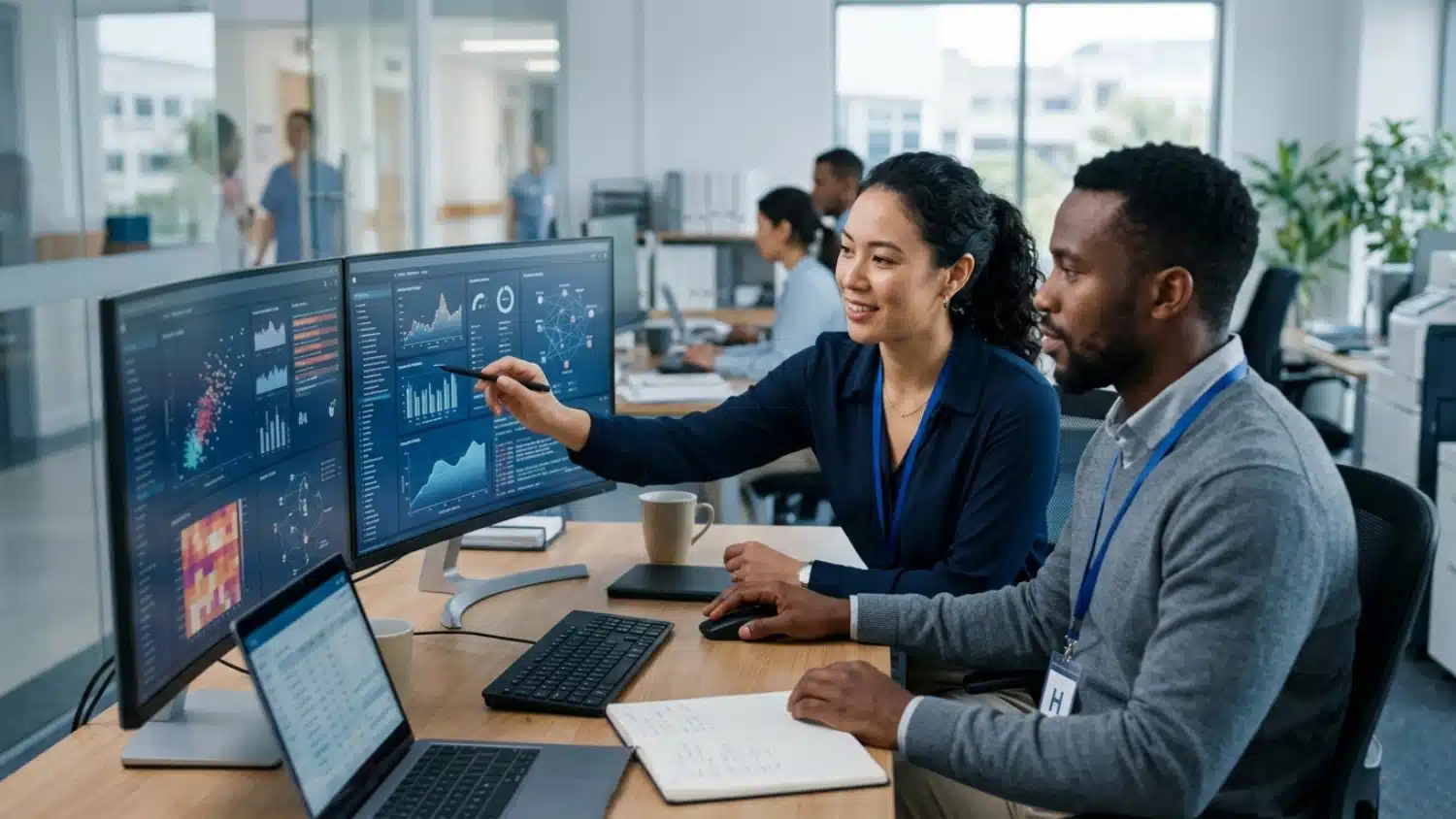 Two healthcare data analysts, a woman and a man, collaborate in an office setting as they review complex charts and graphs displayed