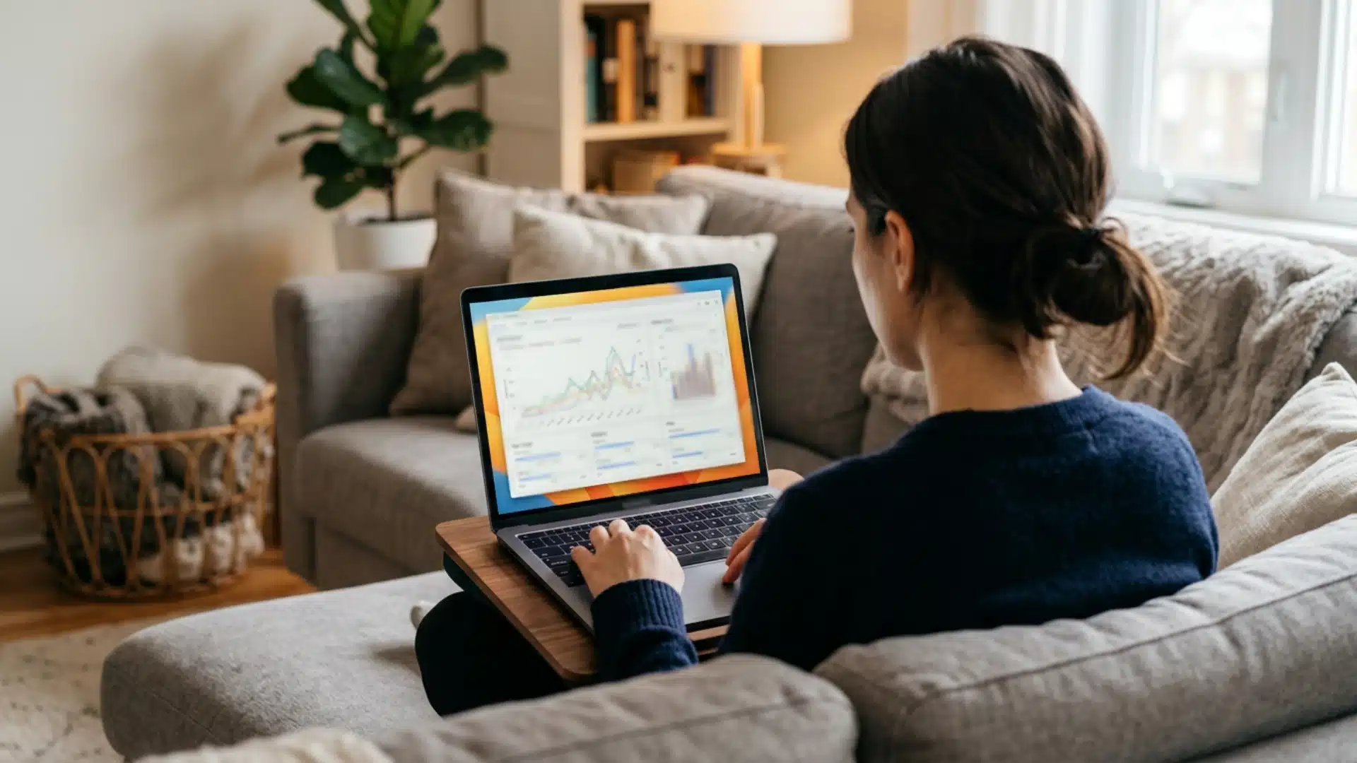 Woman with hair in a bun works remotely on a laptop displaying charts while sitting comfortably on a light gray sofa
