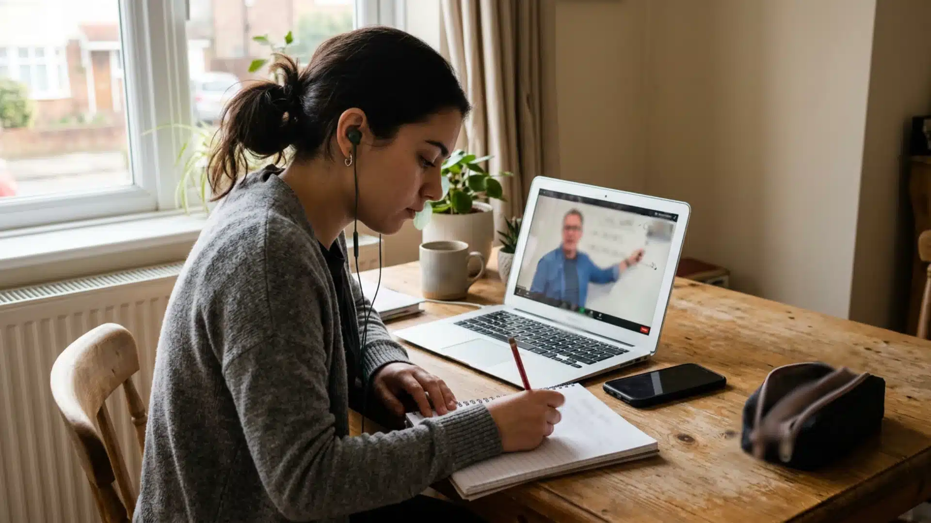 Young woman with earbuds takes notes on paper while in an online video lecture displayed on a laptop at a wooden desk