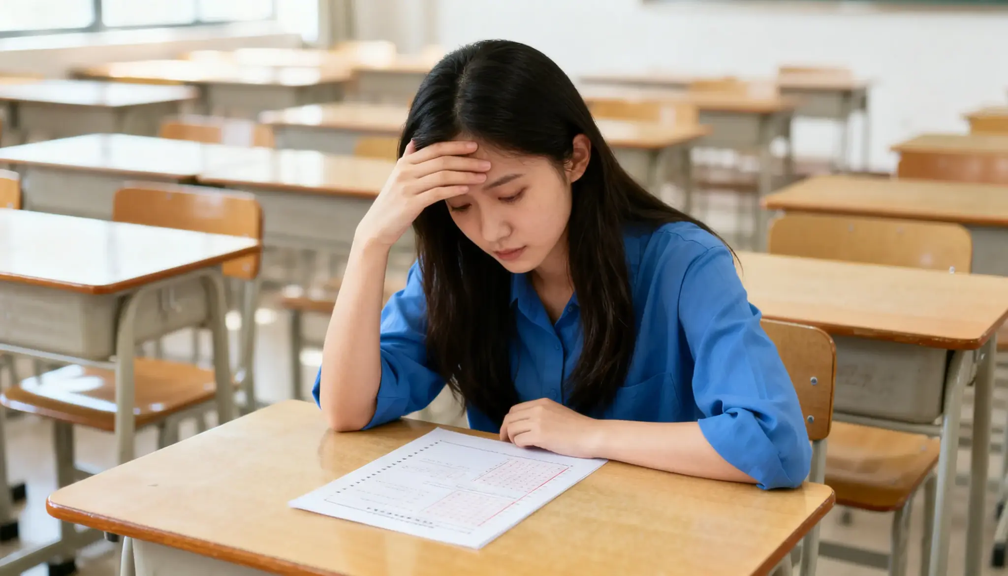 young woman with long dark hair at classroom desk blue shirt hand on forehead focused on test paper bright rows