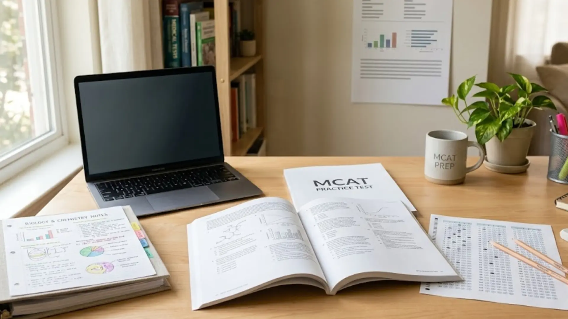 modern study desk with open mcat practice test, answer sheet, biology notes, pencils, and a blank laptop in soft light