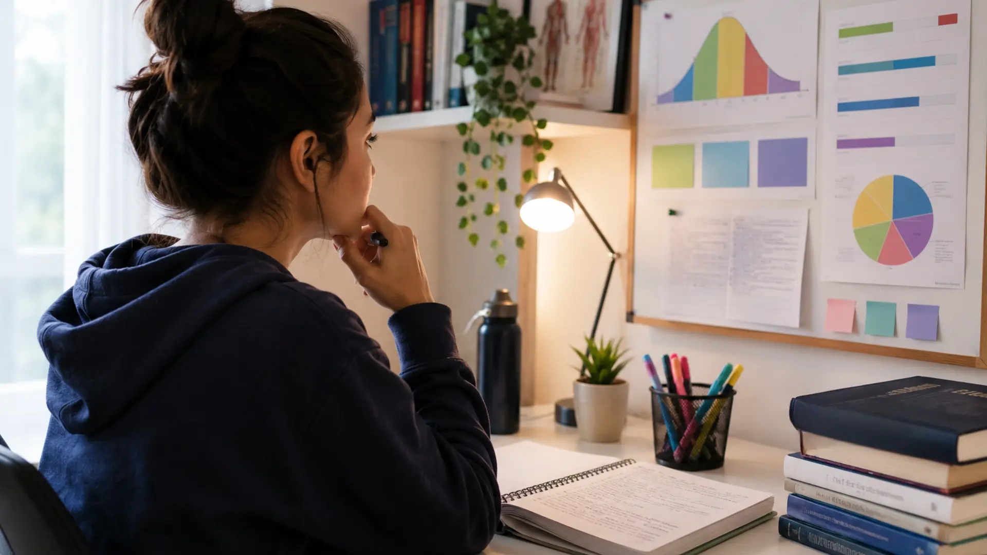 pre med student reviews MCAT score charts and study notes at a desk while planning a strong medical school application