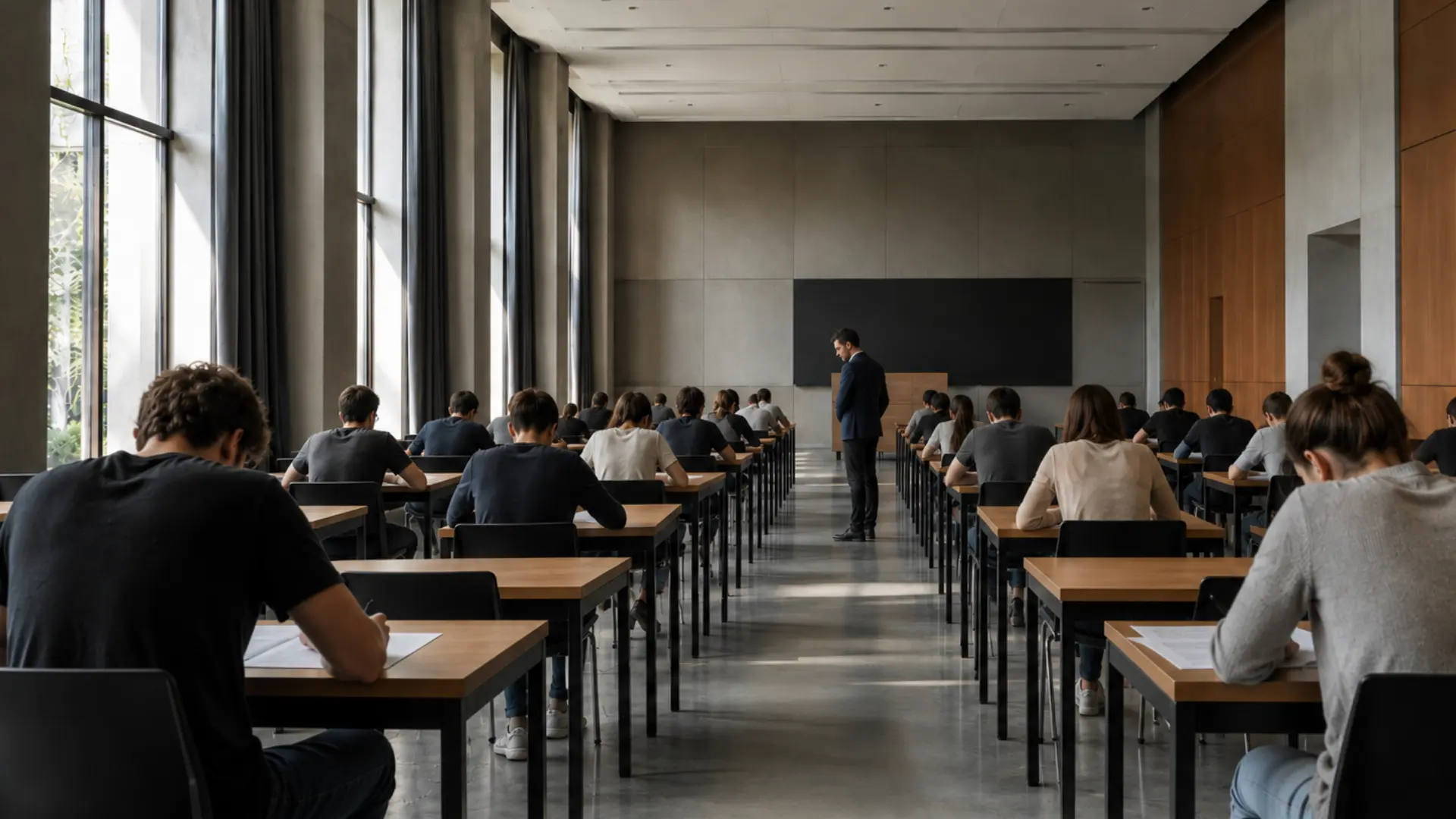 students taking an exam while an invigilator monitors the room from the center aisle