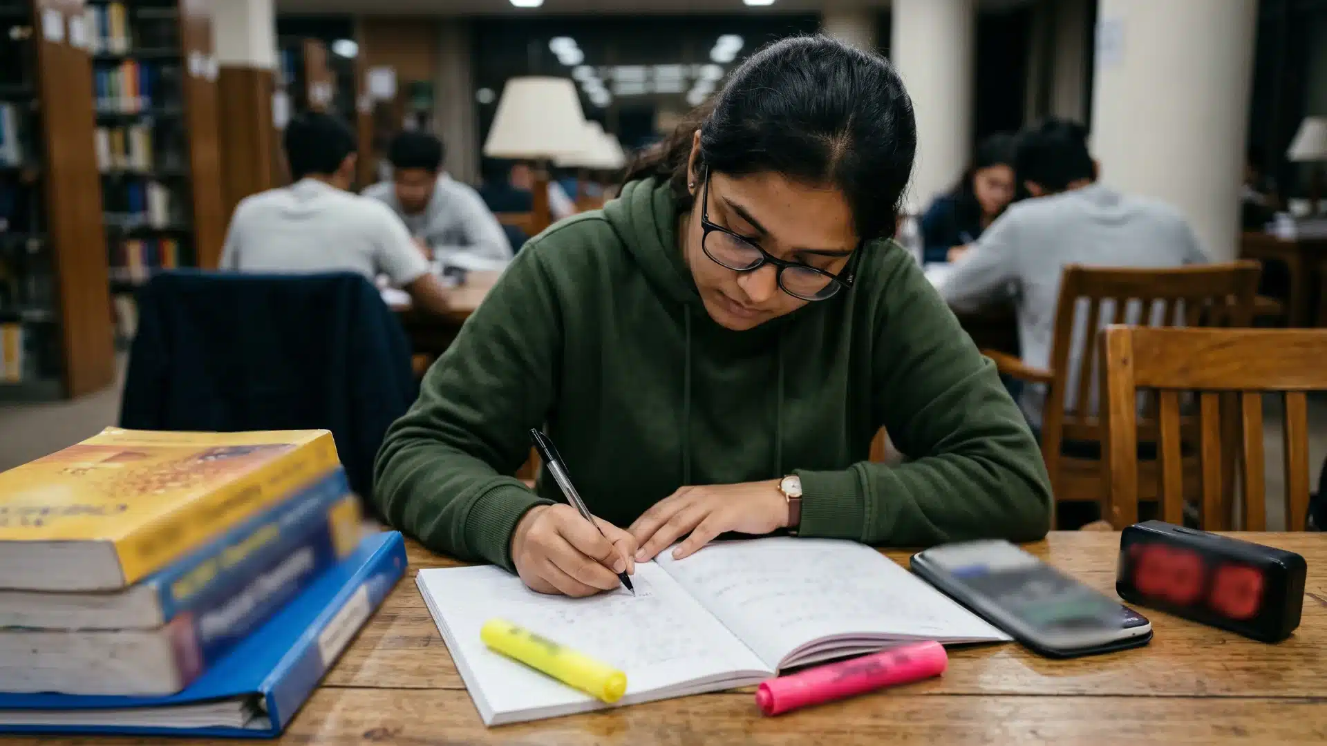young woman with glasses wearing a green hoodie studies chemistry textbooks and writes in a notebook at a wooden table in a library setting with other students blurred in the background