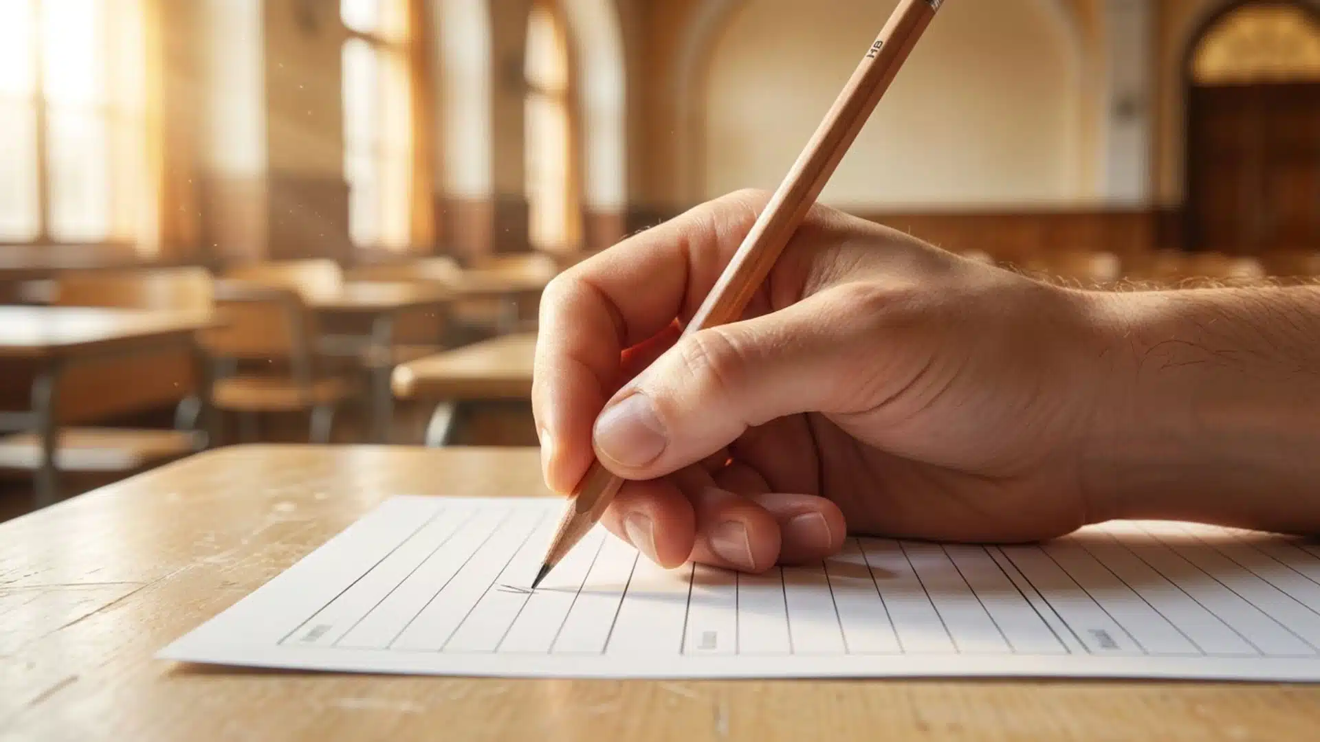 a close up of a student hand holding a pencil writing on a blank lined answer sheet in a warm sunlit exam hall