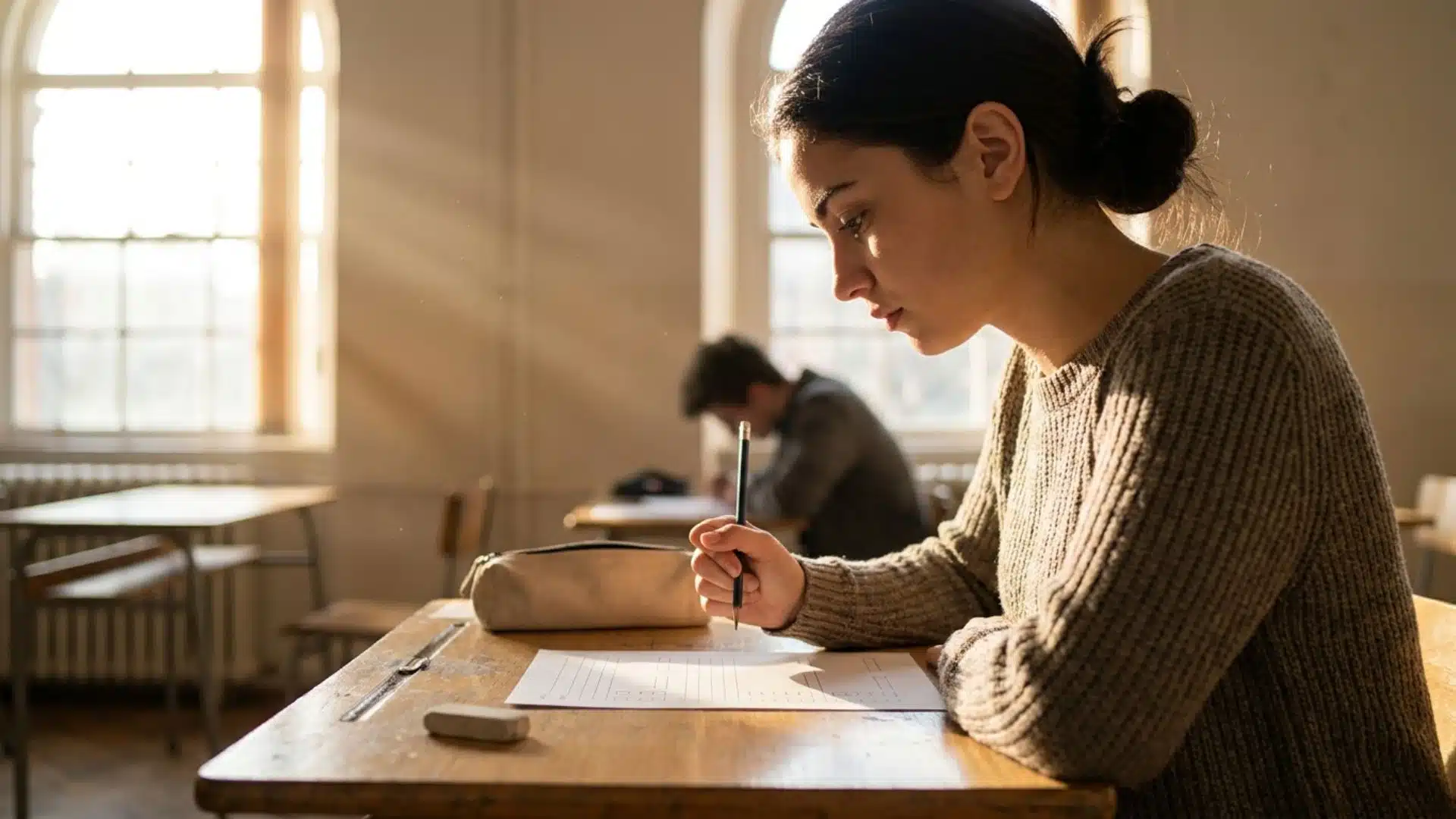 a focused female student sitting at a wooden desk writing on a lined answer sheet with a pencil in a sunlit exam hall