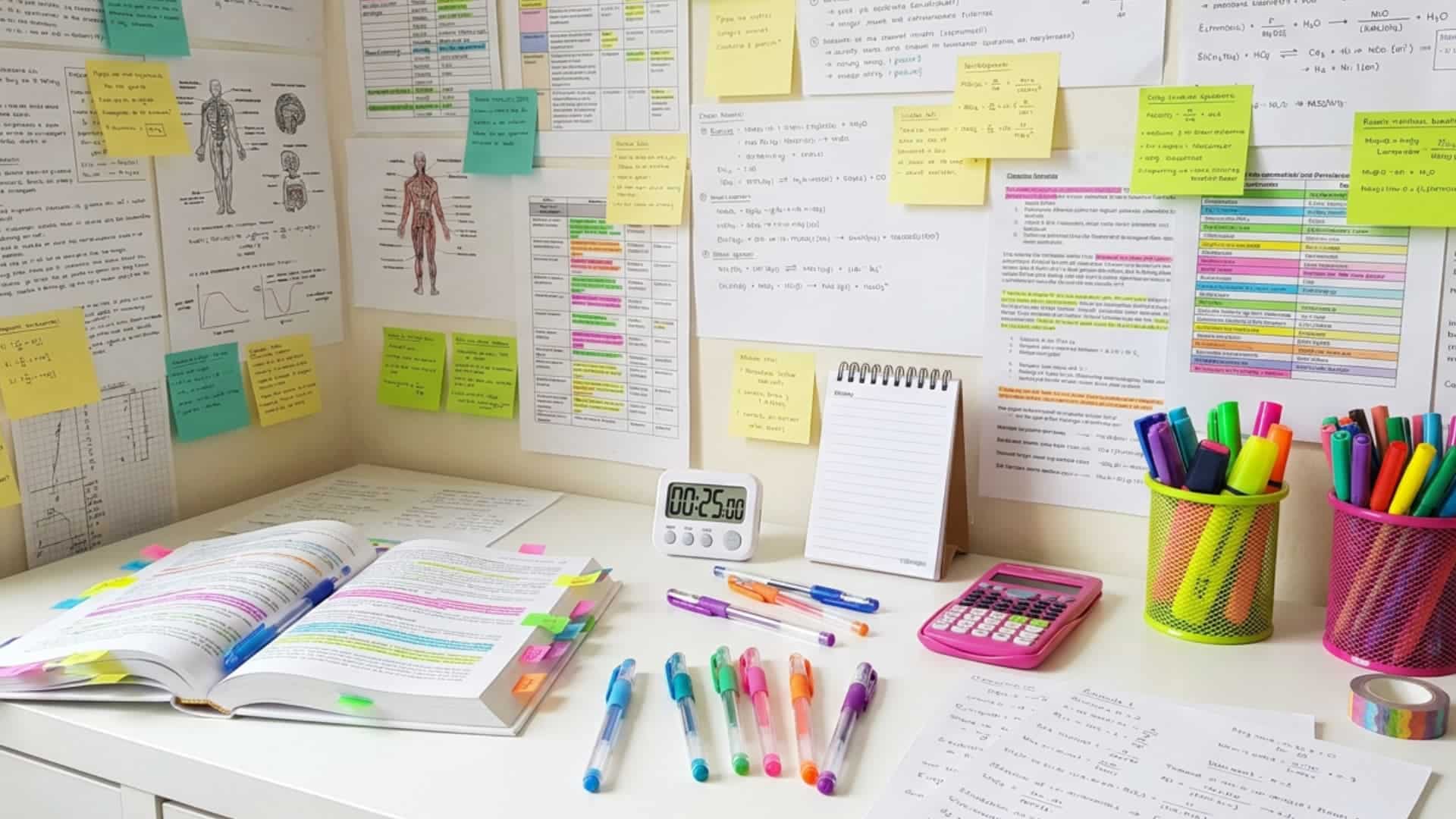 A organised high school student study space with colourful sticky notes, highlighted textbooks, pens, a Pomodoro timer, and chemistry notes pinned to a white board