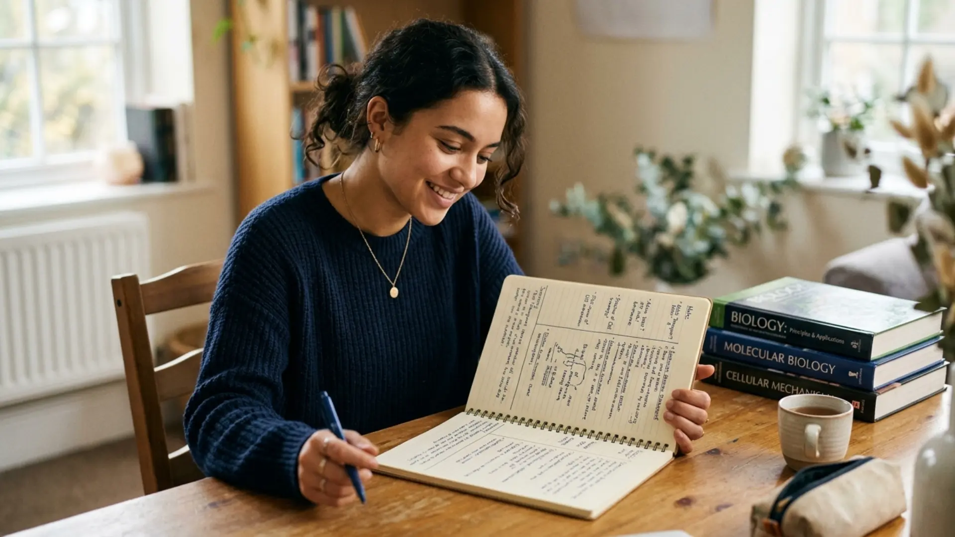 a student reviewing a fully completed cornell notes notebook at a wooden desk with textbooks in the background
