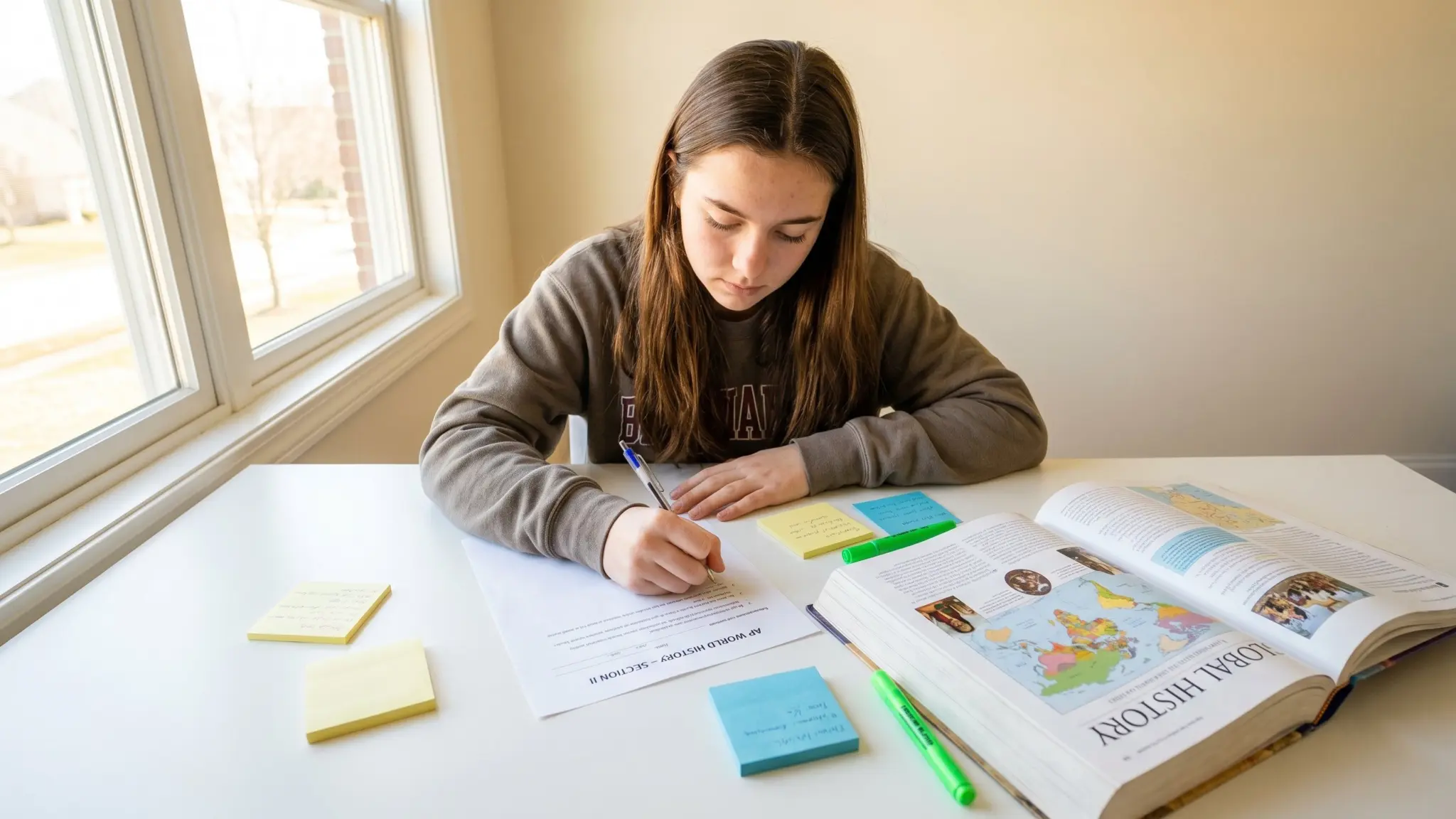 a student writing on an ap world history exam paper at a white desk