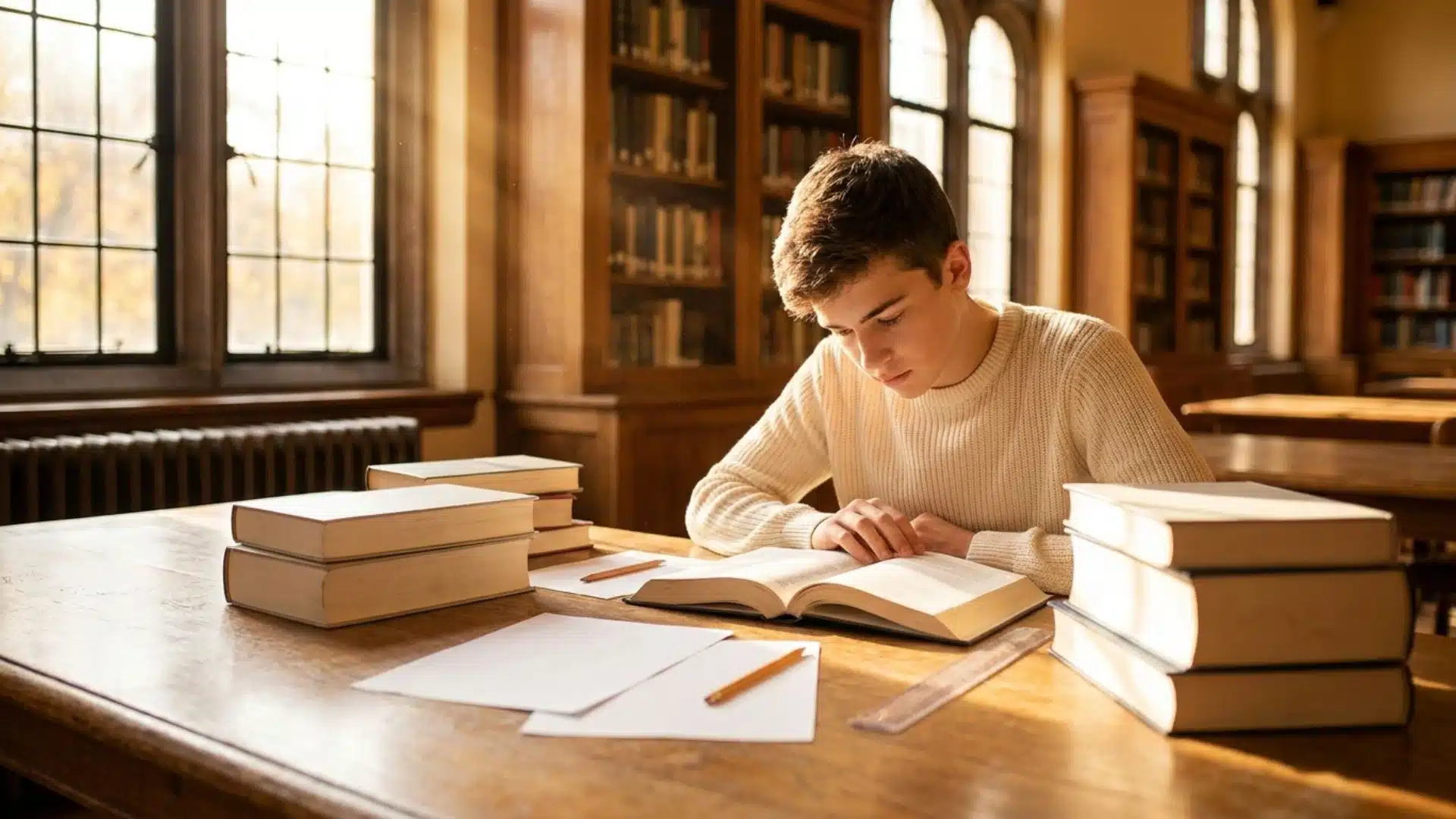 a young male student reading an open book at a wooden library table surrounded by stacked books in a warm sunlit library