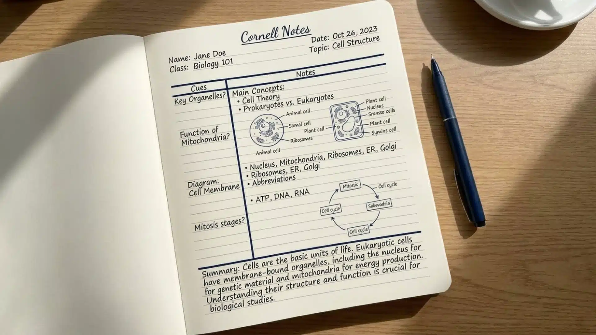 a cornell notes notebook open on a wooden desk with a blue pen