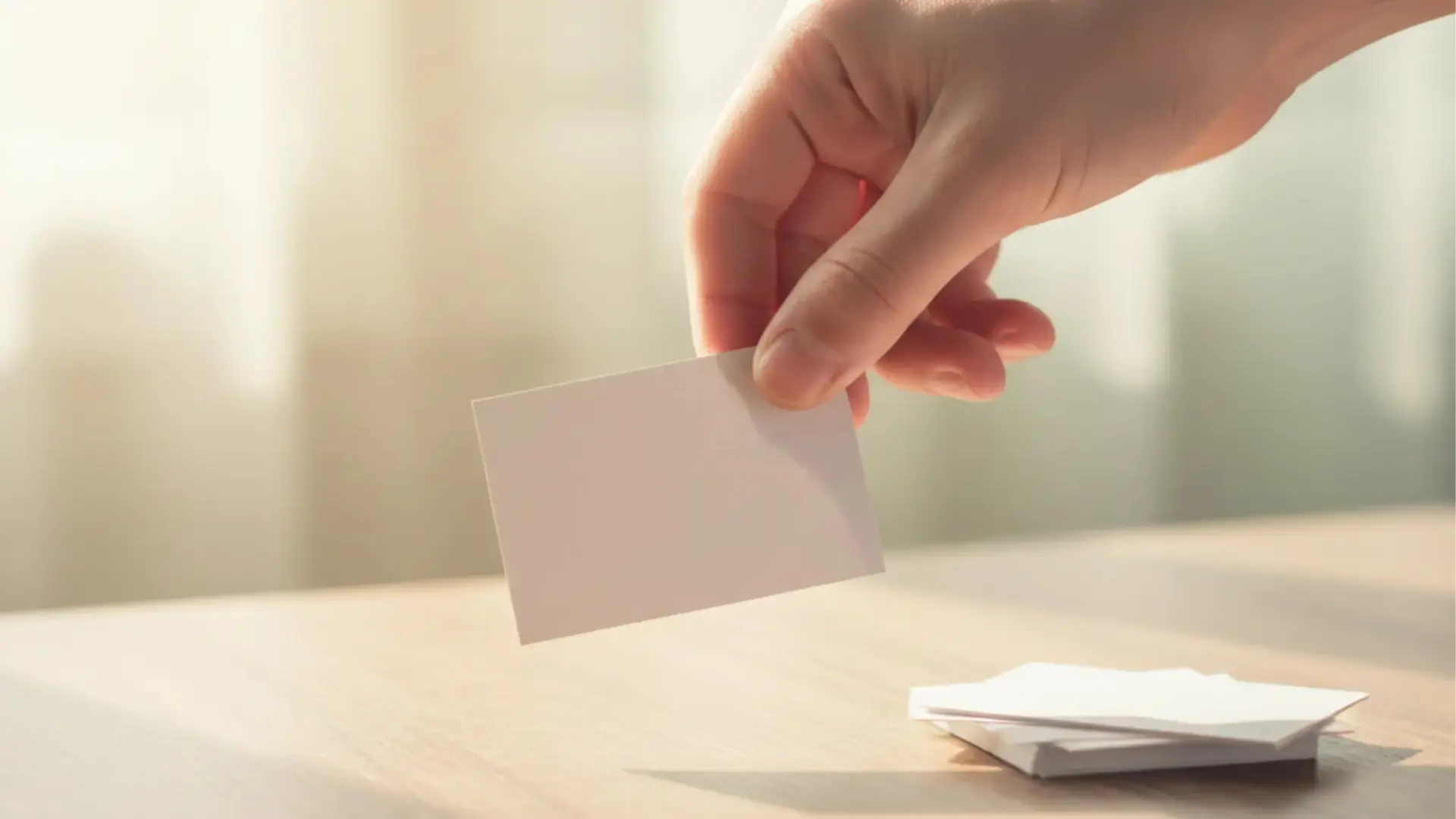 a hand flipping a blank flashcard on a wooden desk with stacked cards in soft warm window light