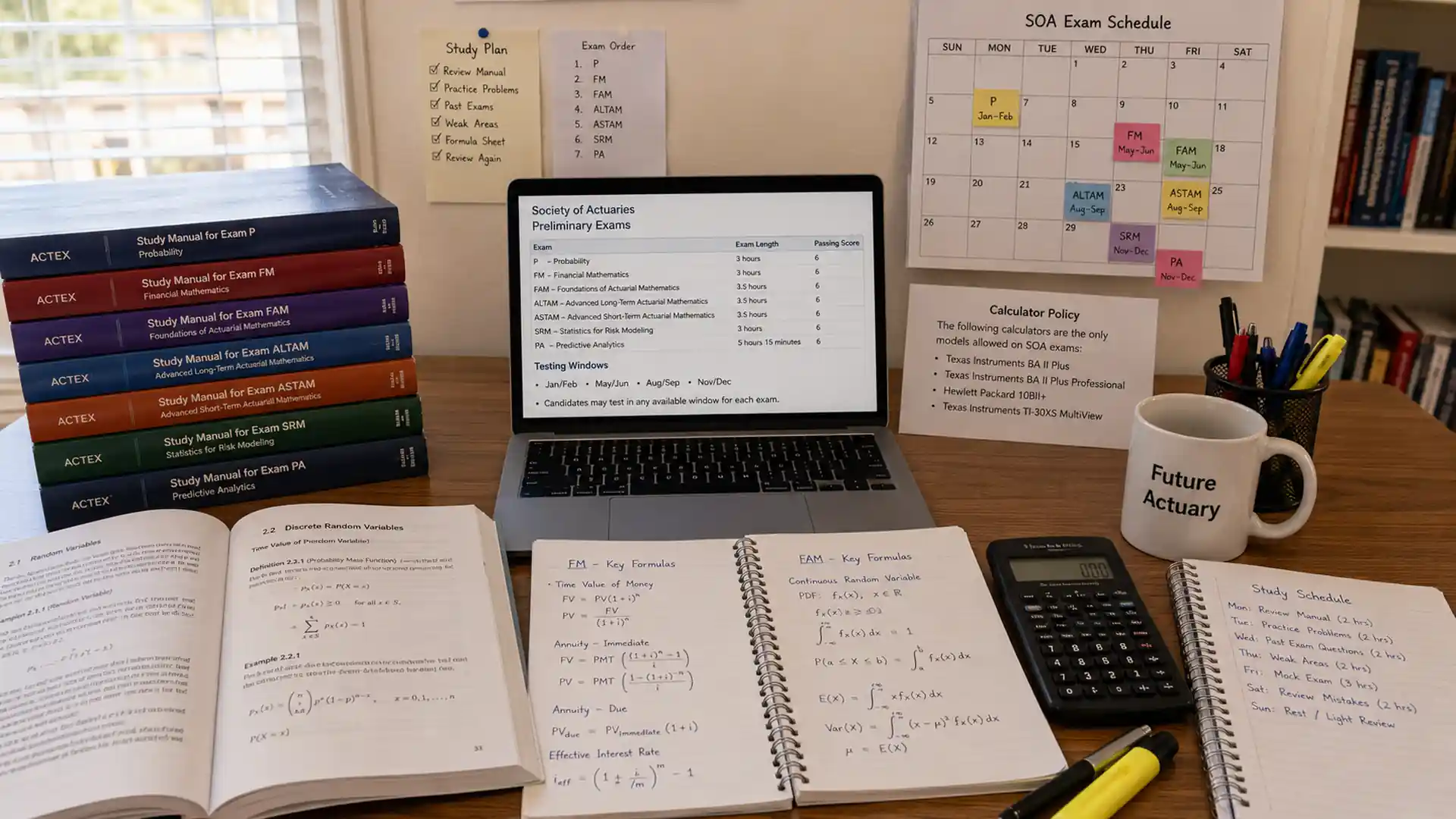 actuarial exam study desk with soa exam schedule notes, actex manuals, financial calculator, laptop, handwritten formulas, and organized study planner in a bright home office setting
