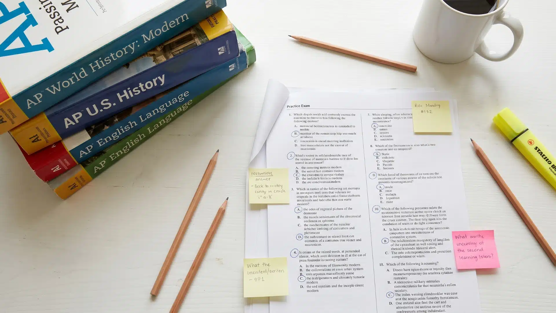 a flat lay of ap world history prep books, a printed practice exam, sticky notes, pencils, a highlighter, and a coffee cup on a white wooden desk