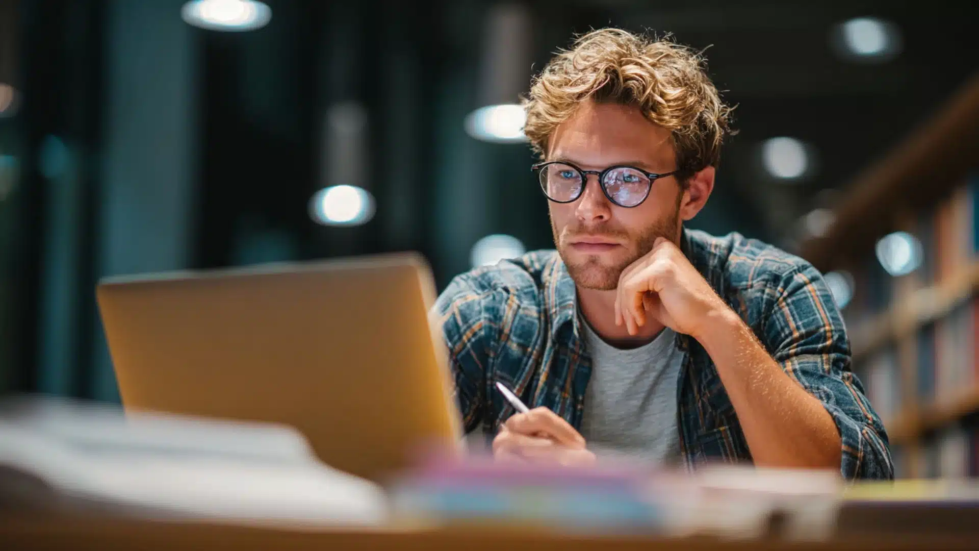 male student with glasses focusing on a laptop screen in a library while holding a pen over notes
