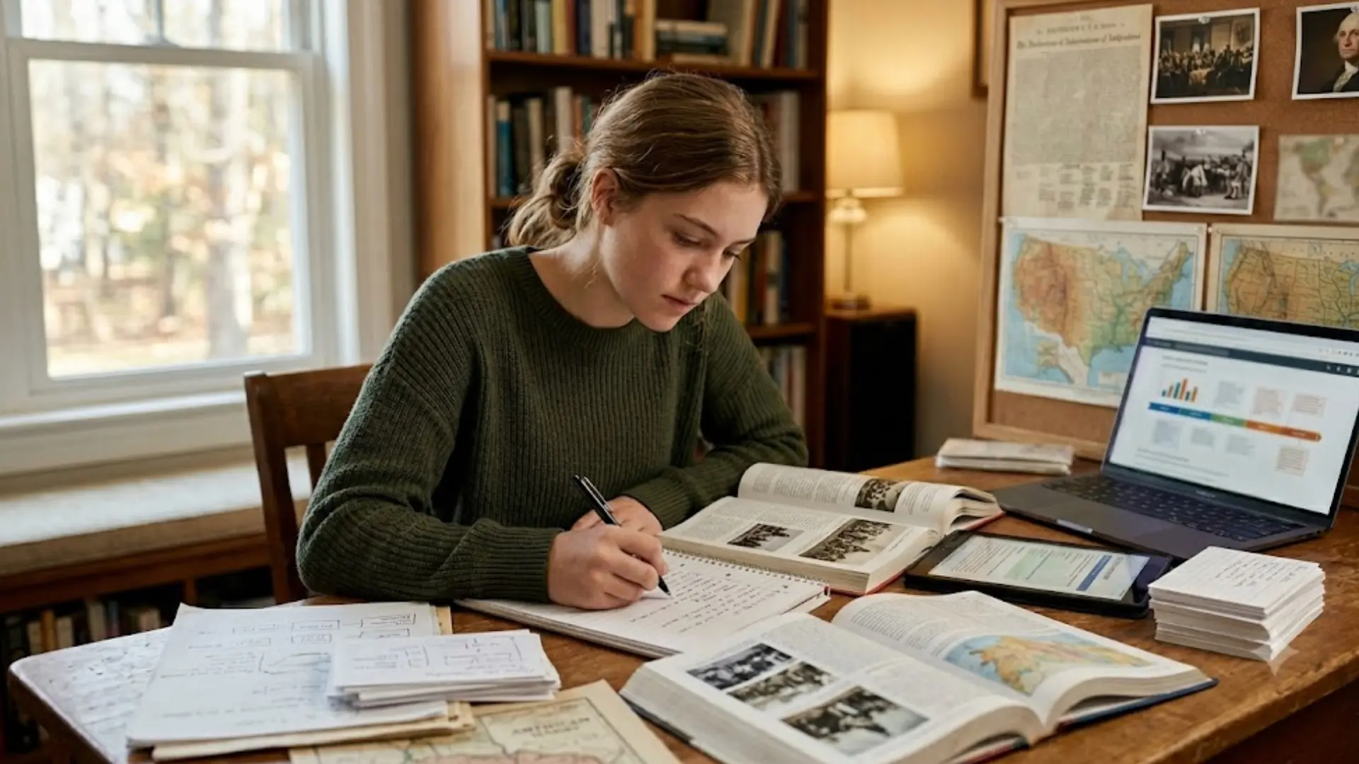 a high school girl focused on writing notes at a wooden desk filled with history books, maps, and a laptop