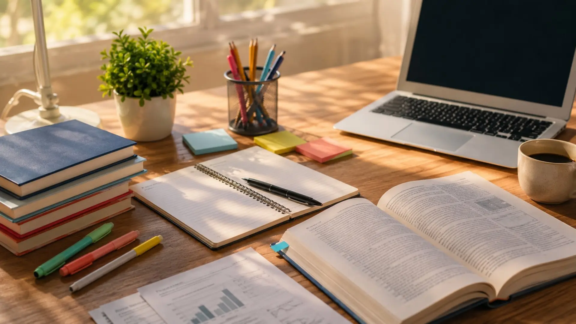 study desk with books laptop notebook pens sticky notes open textbook near sunny window
