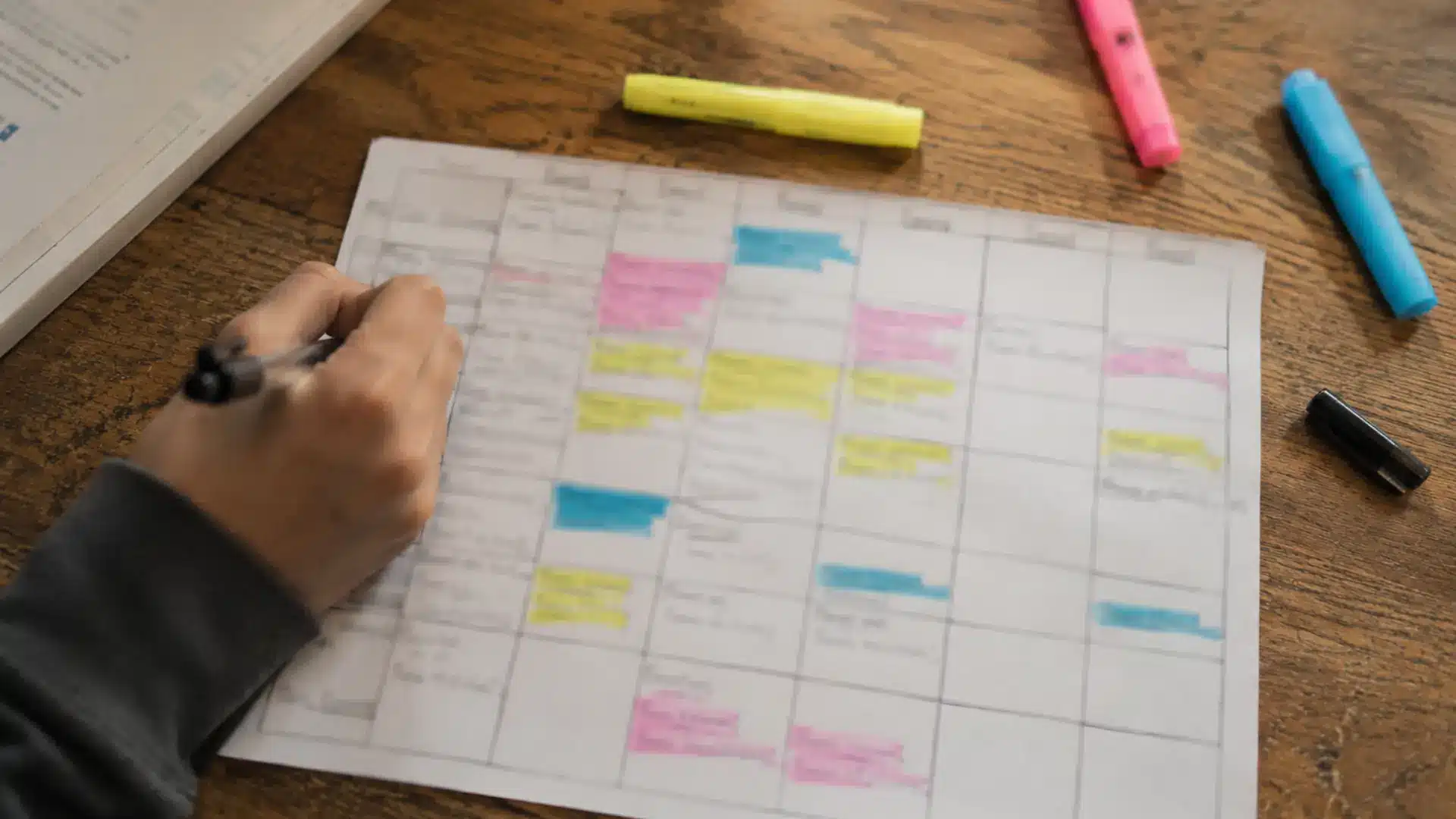 student filling in a color-coded weekly study schedule on paper with yellow, pink, and blue highlighters scattered on a wooden desk