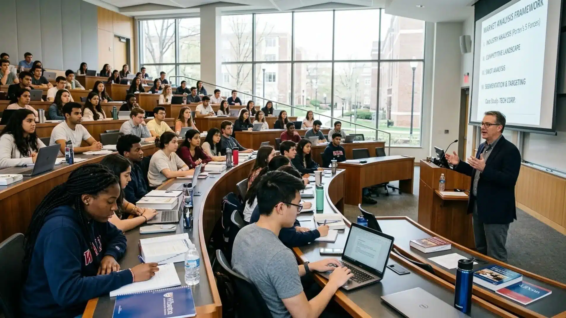 high school students taking careful notes during a university business school lecture on market analysis skills