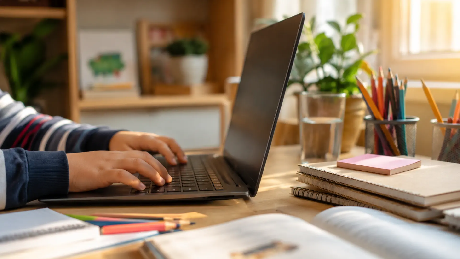 child studying at a cozy desk with notebooks, pencils, and a laptop in warm natural sunlight