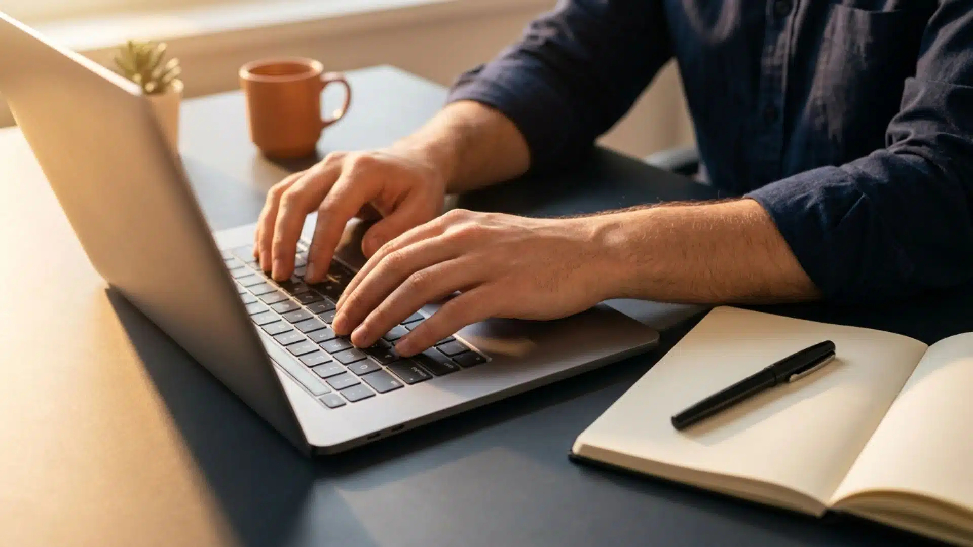 close-up of a man actively typing on a laptop keyboard with an open notebook pen and terracotta mug on a dark desk