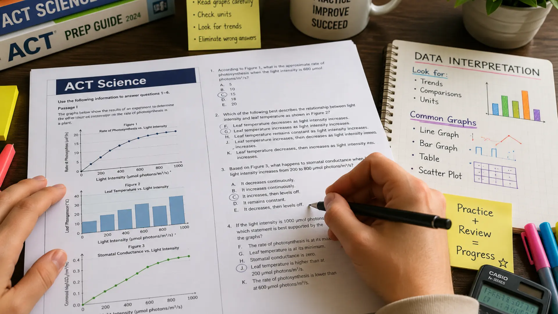 close up of hands solving an act science practice test with colorful charts, graphs, notes, and study materials on a desk