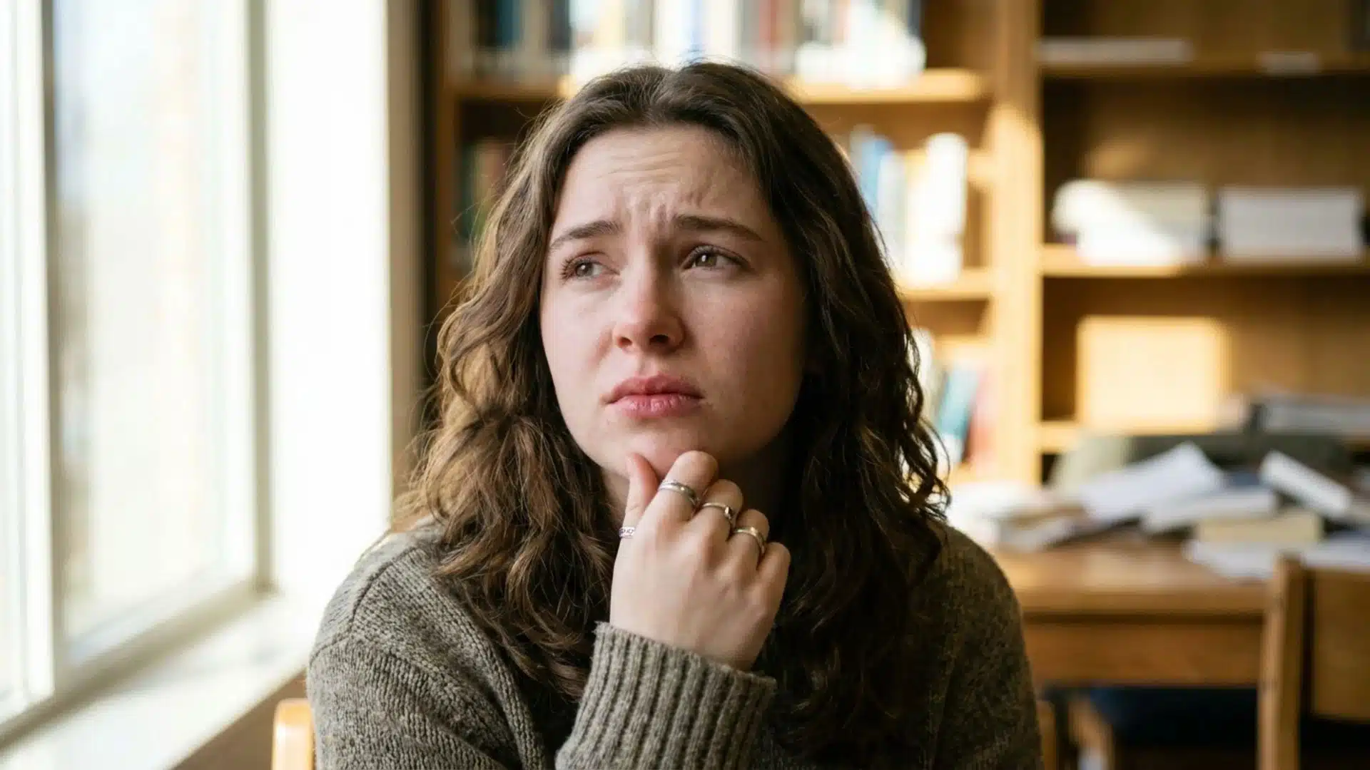 confused young woman in library trying to remember things and recall information