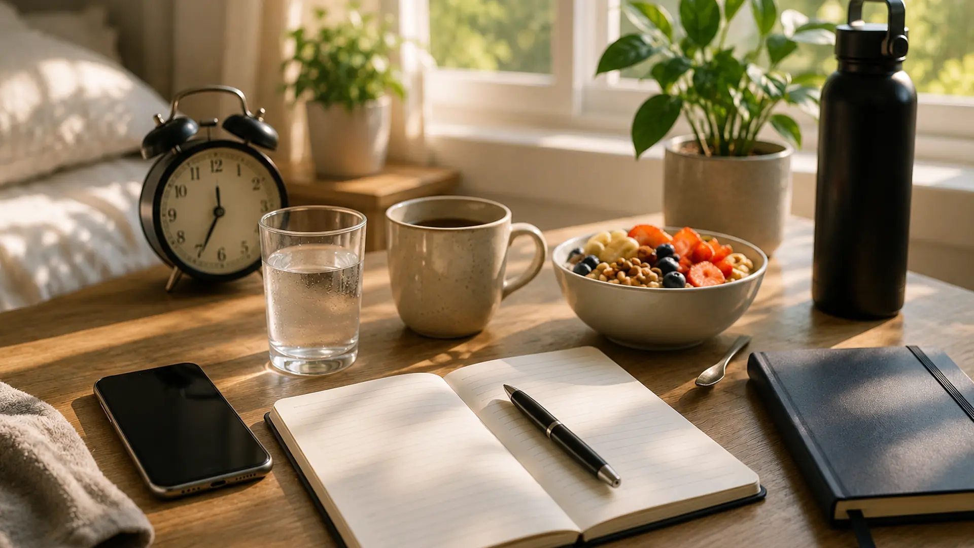 sunlit morning desk with notebook, water, healthy breakfast, plants, alarm clock, and phone beside a cozy bedroom window