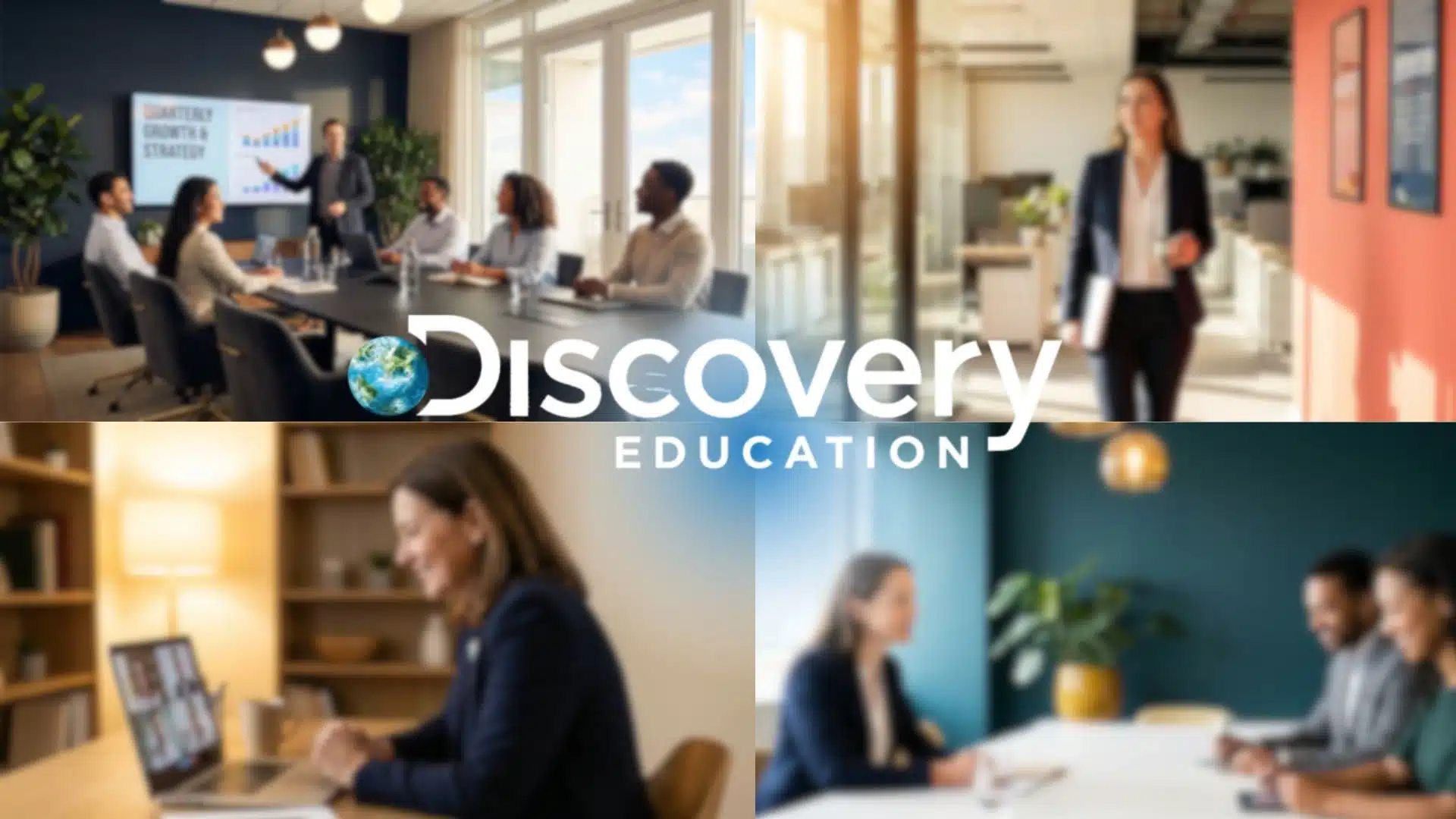 discovery education logo overlaid on a collage of professionals in team meetings, office walks, and collaborative work settings