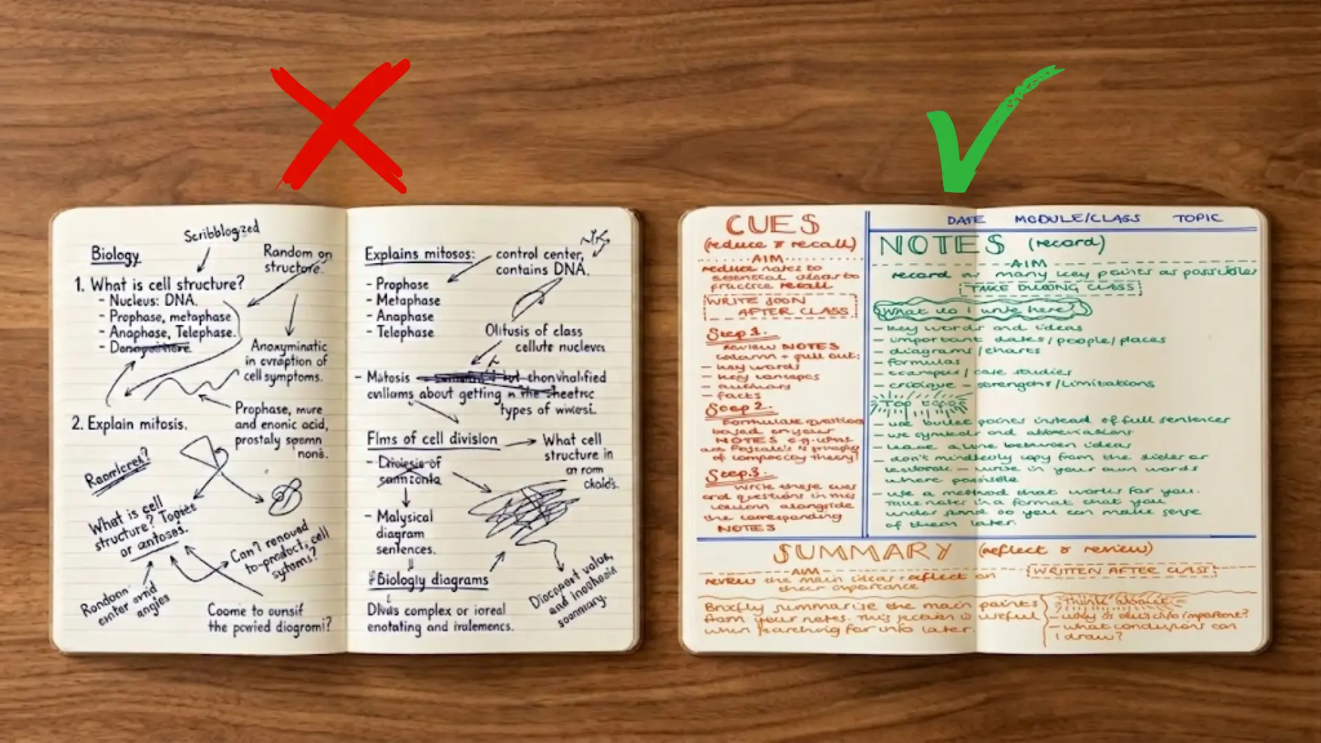 disoragnised notes on the left versus a structures cornell notes on the right