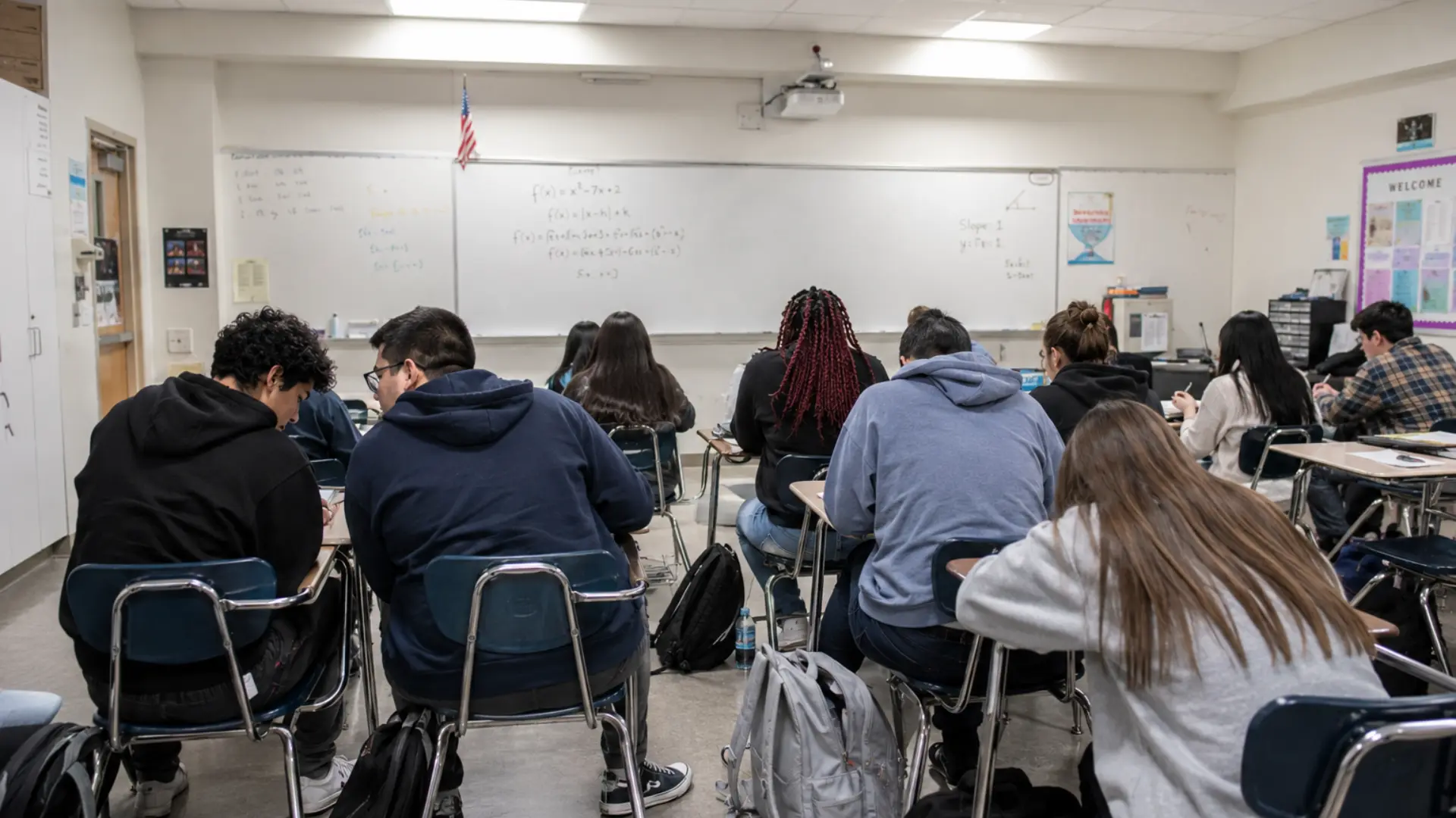 diverse high school students sitting at desks in a classroom during a lesson