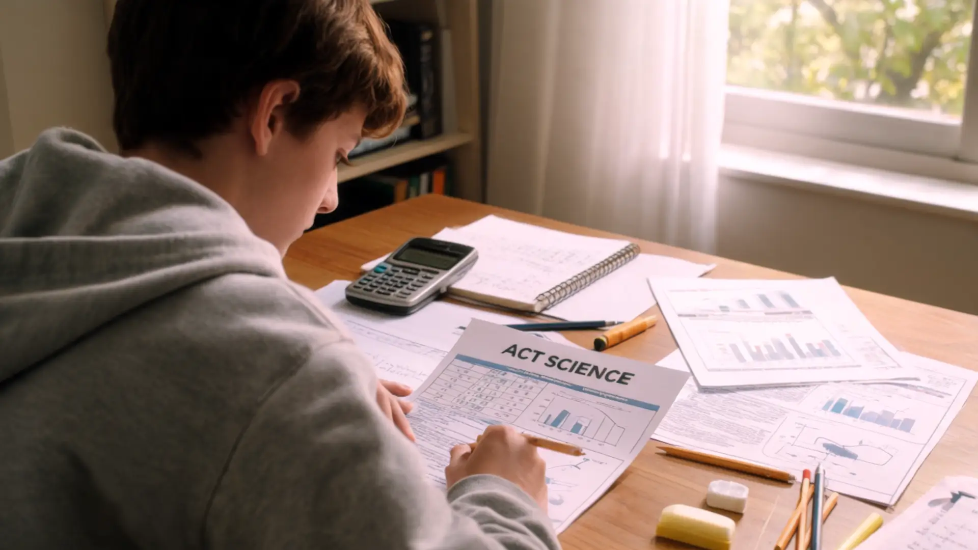 high school student taking an act science practice test at a desk with charts, graphs, calculator, and study materials in a bright study space