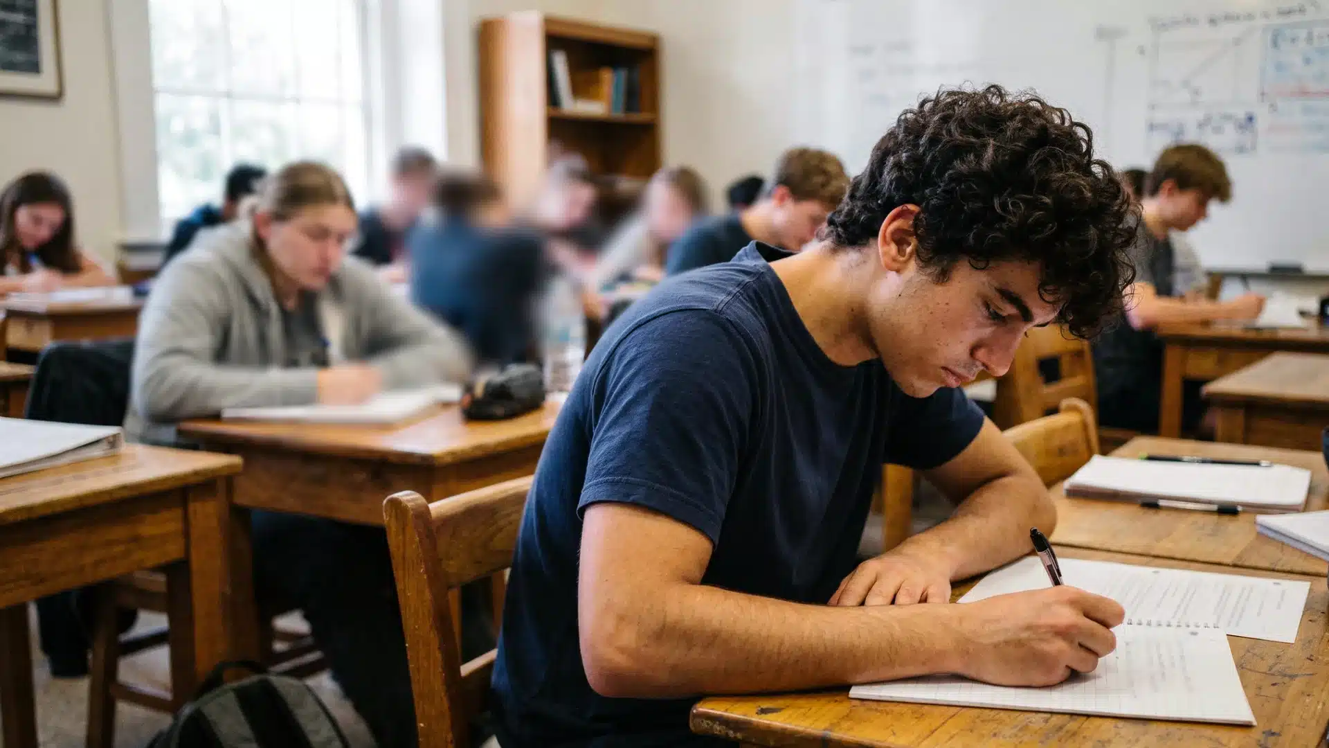 a focused male student with dark curly hair writes in a spiral notebook at a wooden desk while other students work in a sunlit classroom