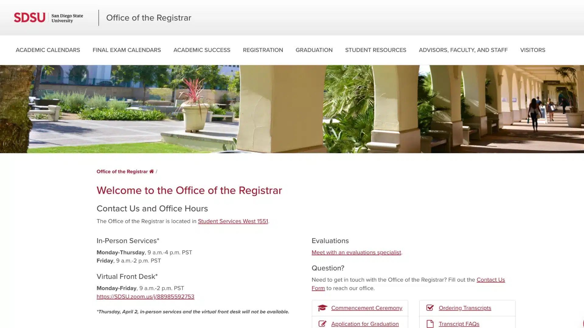 sdsu office of the registrar website displaying office hours, virtual front desk link, and site navigation