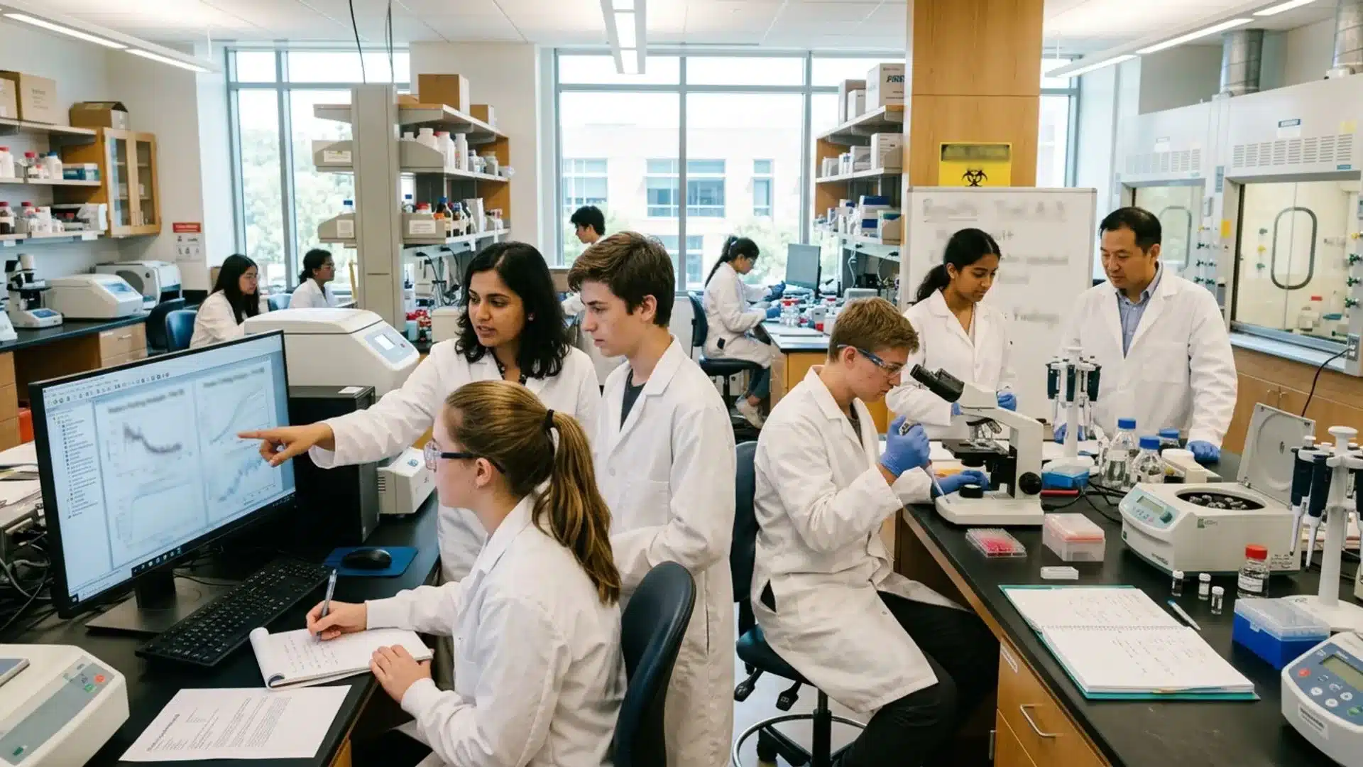 high school students in lab coats doing hands-on research with microscopes and computers, guided by a mentor