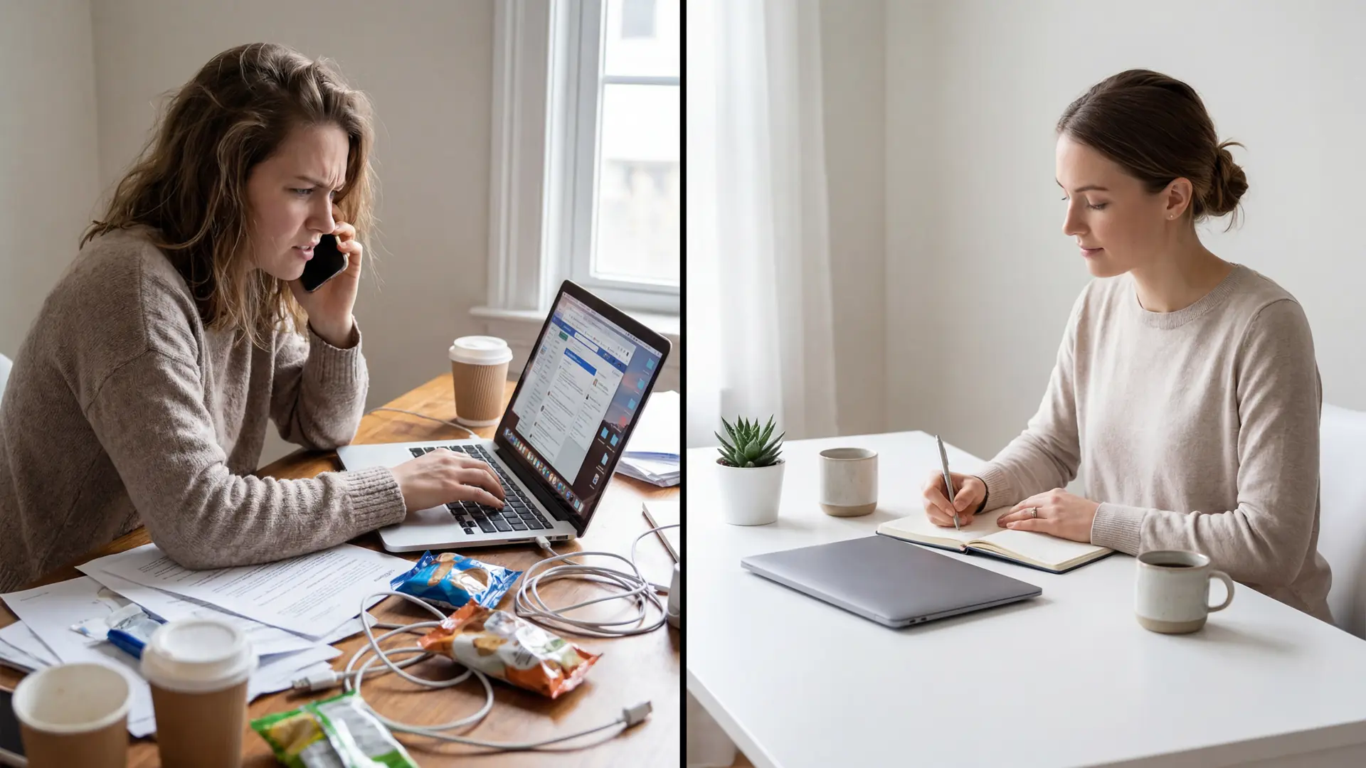 split image showing stressed multitasking workspace beside calm focused desk setup with organized study environment