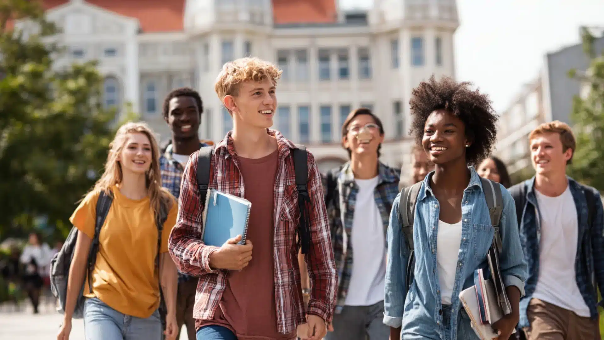 a diverse group of cheerful high school students walking together, carrying notebooks and heavy backpacks