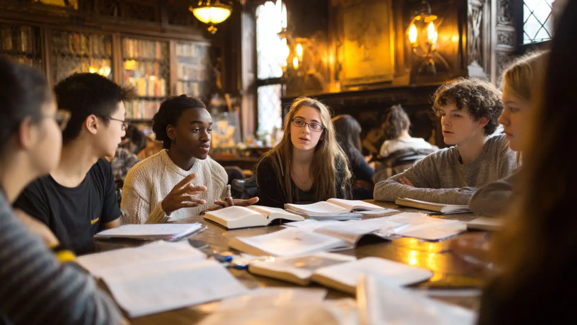 diverse high school students in a deep seminar discussion with open books spread all across a warmly lit table