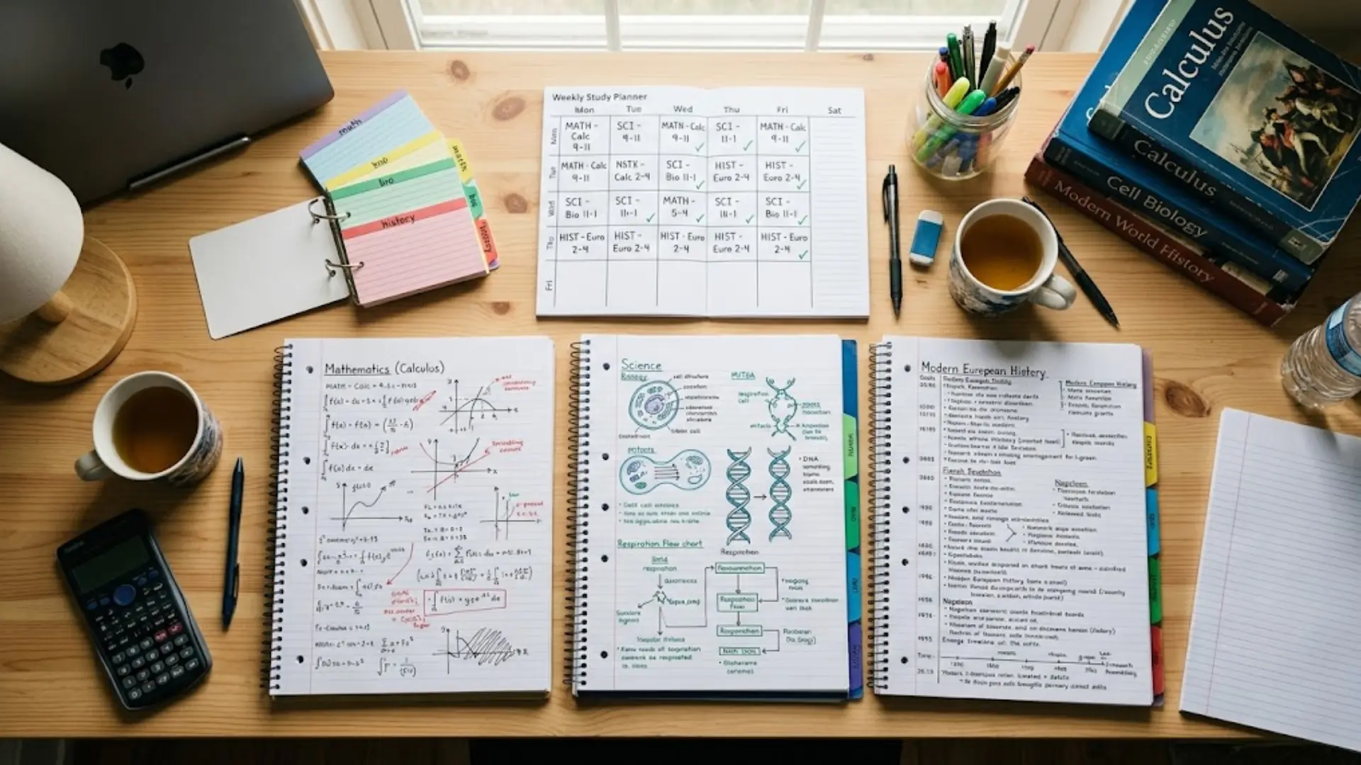 overhead view of a tidy wooden desk with open math, science, and history notebooks, a planner, and flashcards