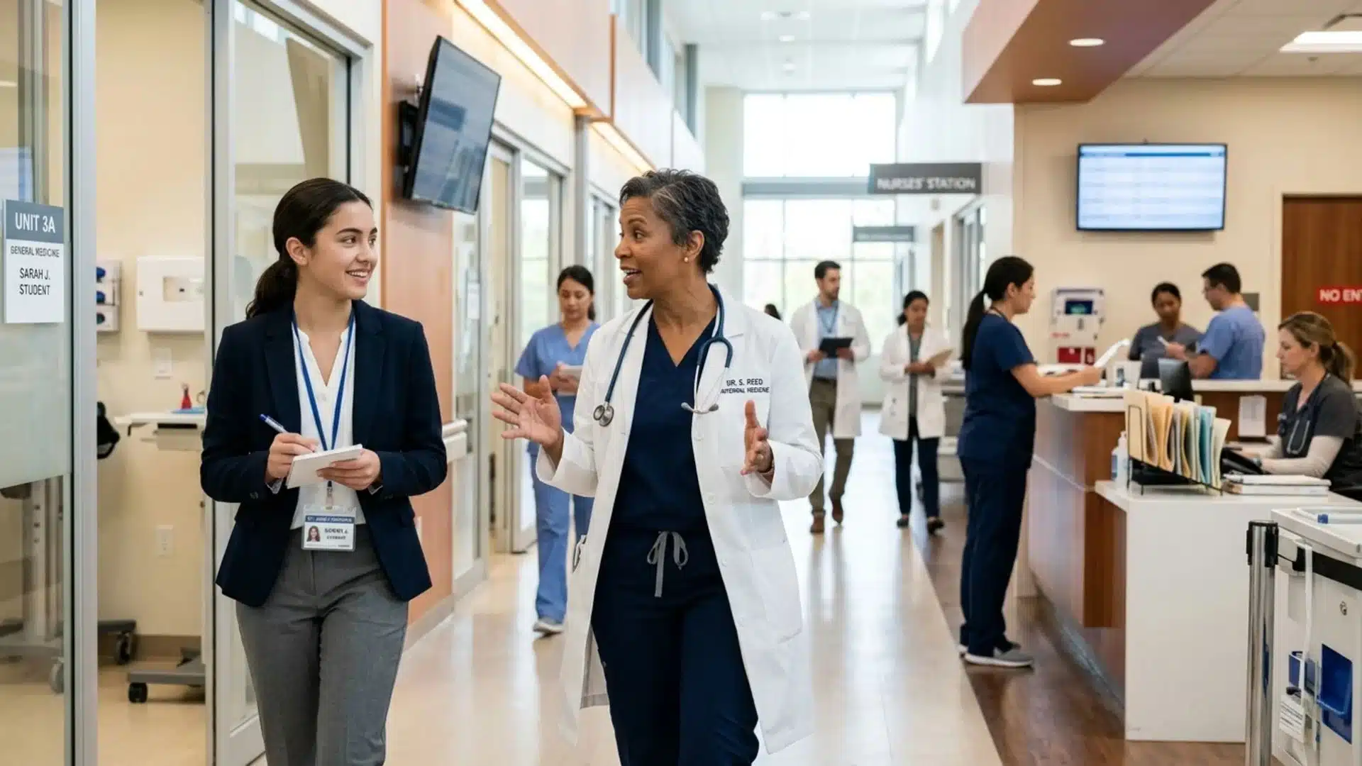 a high school student with a notepad shadowing a physician mentor through a bustling hospital ward and corridor