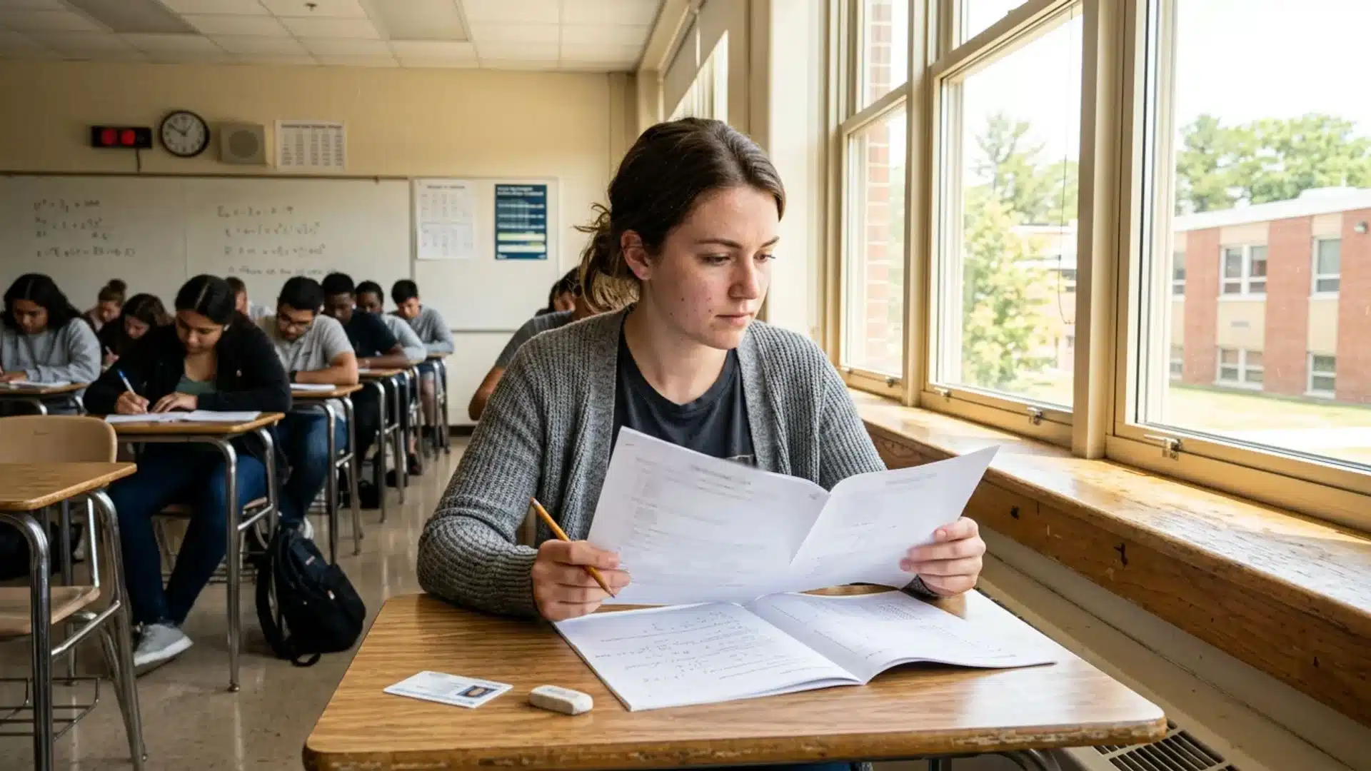 student reading exam paper at a desk in a classroom, using mid-exam strategies to stay calm and manage test anxiety